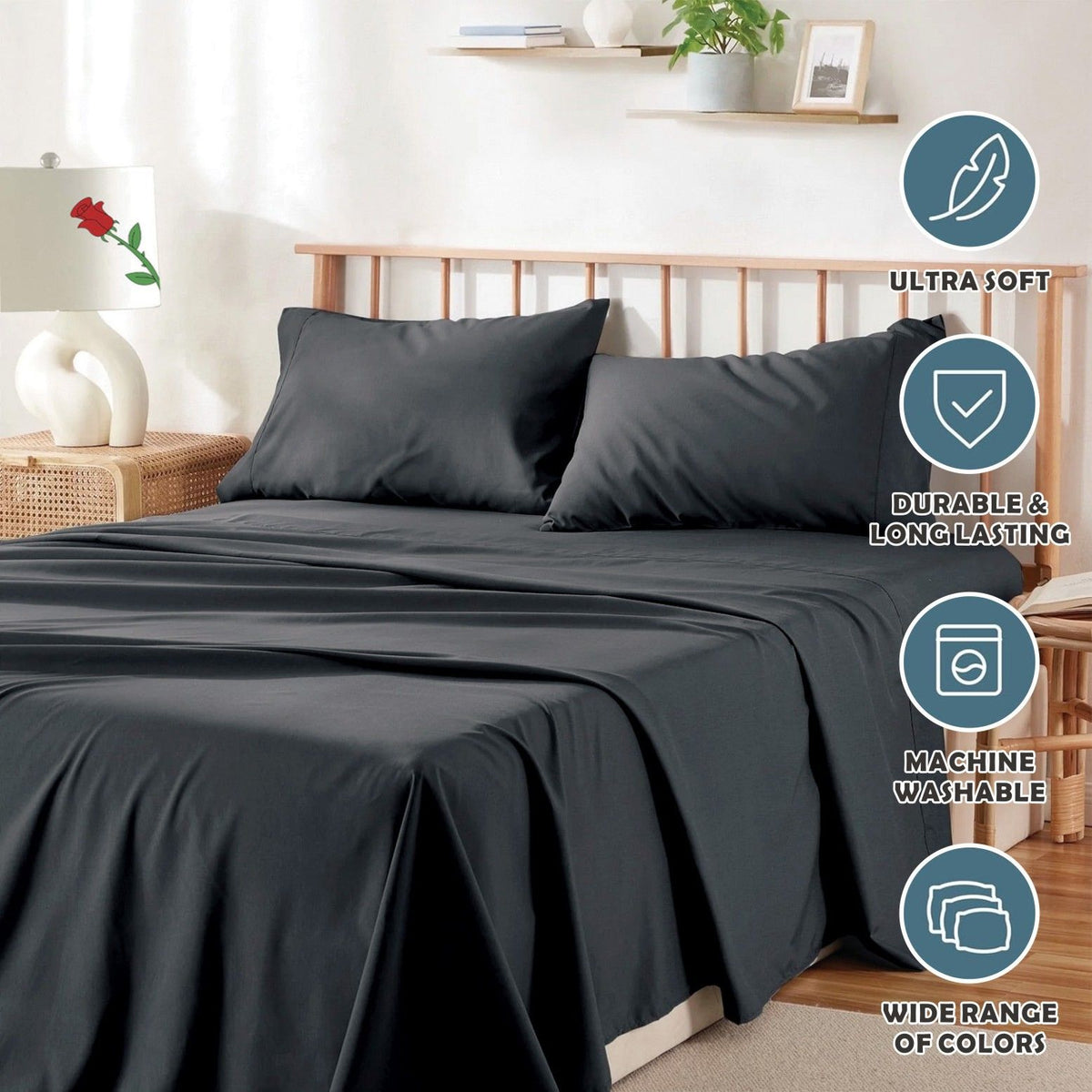 4 Piece Bed Sheet Set- Bedding Sheets & Pillowcases -Breathable Bedding - Wrinkle, Fade, Stain Resistant-Deep Pocket Flat Fitted Bed Sheet Set(Black,Super King)
