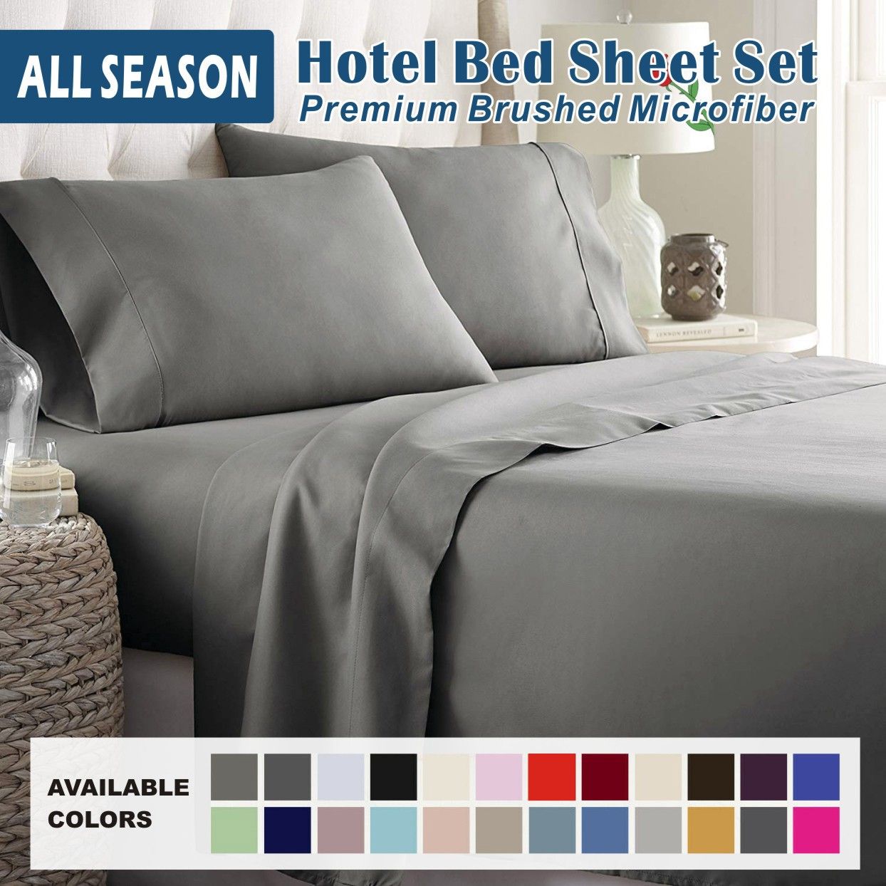 4 Piece Bed Sheet Set- Bedding Sheets & Pillowcases -Breathable Bedding - Wrinkle, Fade, Stain Resistant-Deep Pocket Flat Fitted Bed Sheet Set(Grey,Super King)