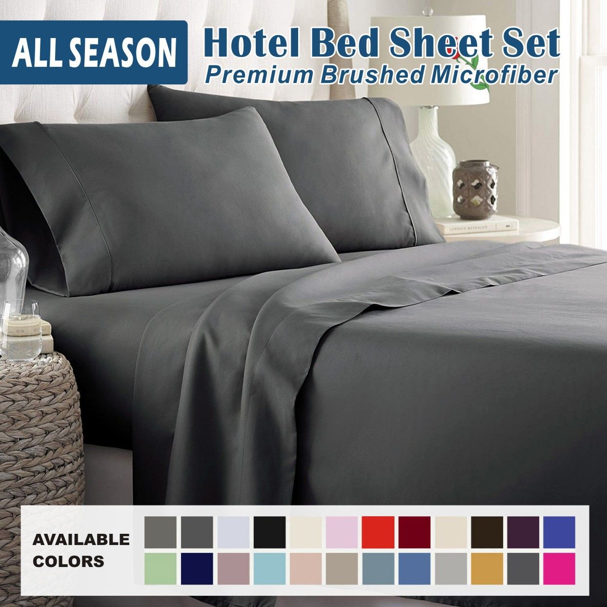 4 Piece Bed Sheet Set- Bedding Sheets & Pillowcases -Breathable Bedding - Wrinkle, Fade, Stain Resistant-Deep Pocket Flat Fitted Bed Sheet Set(Dark gray,Super King)