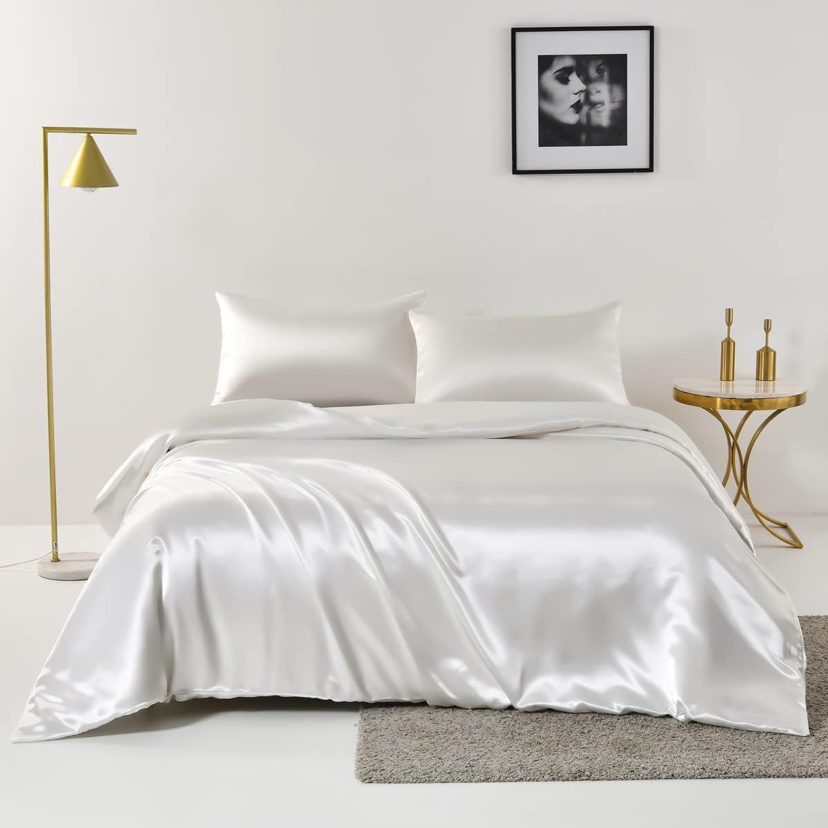 Satin Quilt cover Set Hotel 3 Pieces Quilt cover with Pillowcase, Art Silk Bedding Set-Luxury Soft Silky pillowcase for Hair and Skin, Similar to Silk Duvet/Donna Cover Set- 3 Pieces(Double,White)