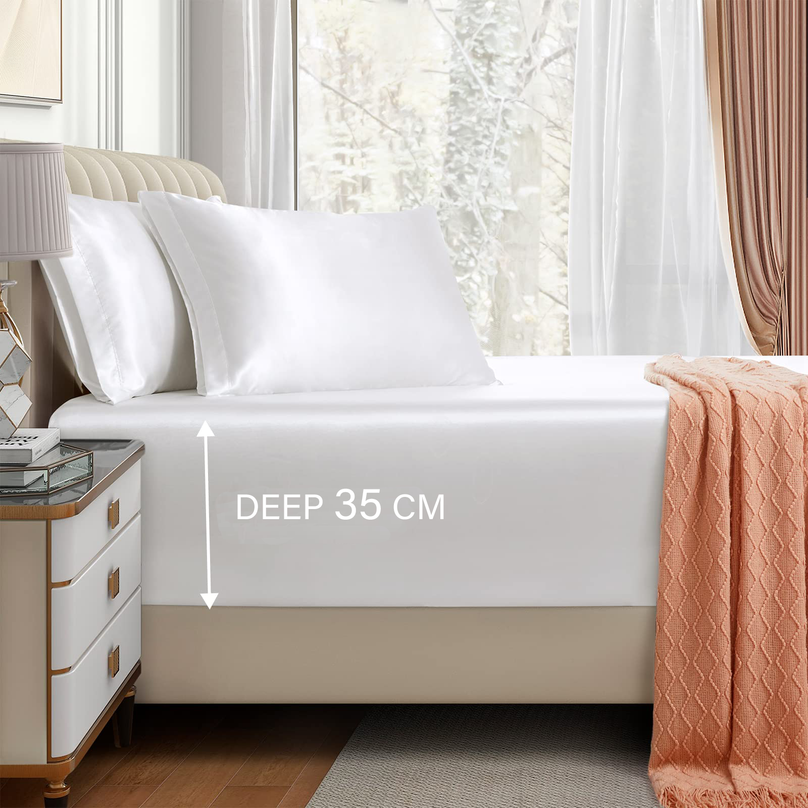 Satin Fitted Sheet Set Hotel 3 Pieces Fitted Sheet with Pillowcase, Art Silk Bedding Set-Luxury Soft Silky Sheets for Hair and Skin, Similar to Silk Fitted Sheets Set 3 Pieces(Double,White)