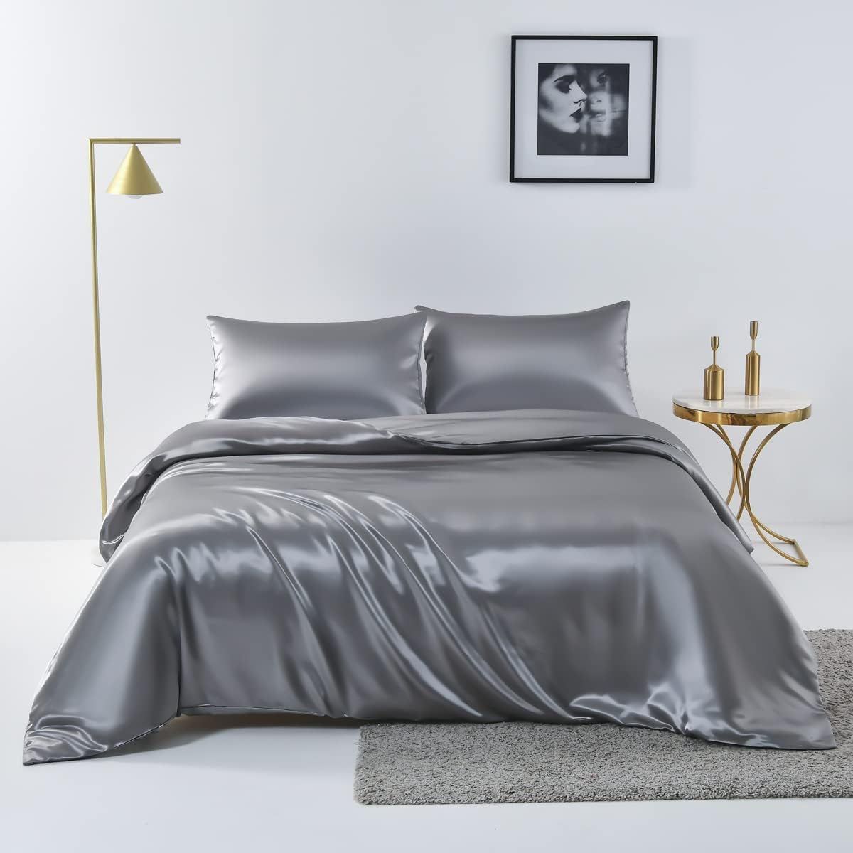 Satin Quilt cover Set Hotel 3 Pieces Quilt cover with Pillowcase, Art Silk Bedding Set-Luxury Soft Silky pillowcase for Hair and Skin, Similar to Silk Duvet/Donna Cover Set- 3 Pieces(King,Grey)