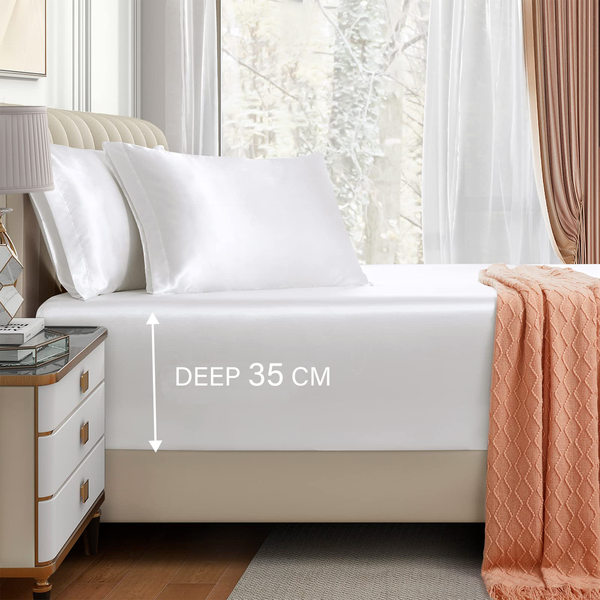 Satin Fitted Sheet Set Hotel 3 Pieces Fitted Sheet with Pillowcase, Art Silk Bedding Set-Luxury Soft Silky Sheets for Hair and Skin, Similar to Silk Fitted Sheets Set 3 Pieces(King,White)