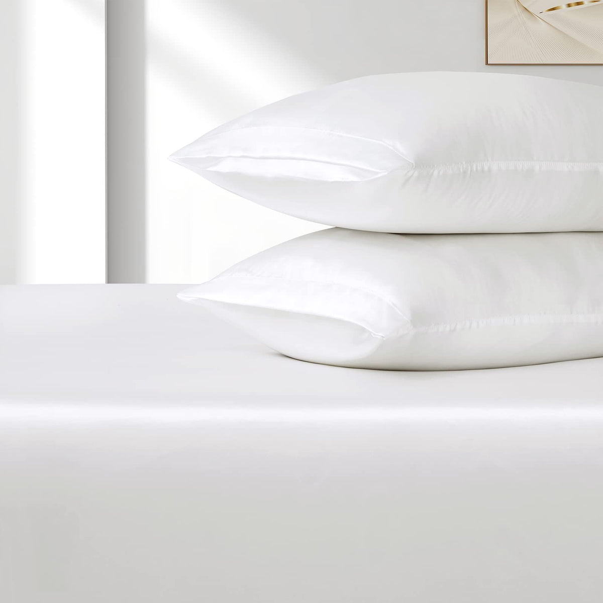Satin Fitted Sheet Set Hotel 3 Pieces Fitted Sheet with Pillowcase, Art Silk Bedding Set-Luxury Soft Silky Sheets for Hair and Skin, Similar to Silk Fitted Sheets Set 3 Pieces(King,White)
