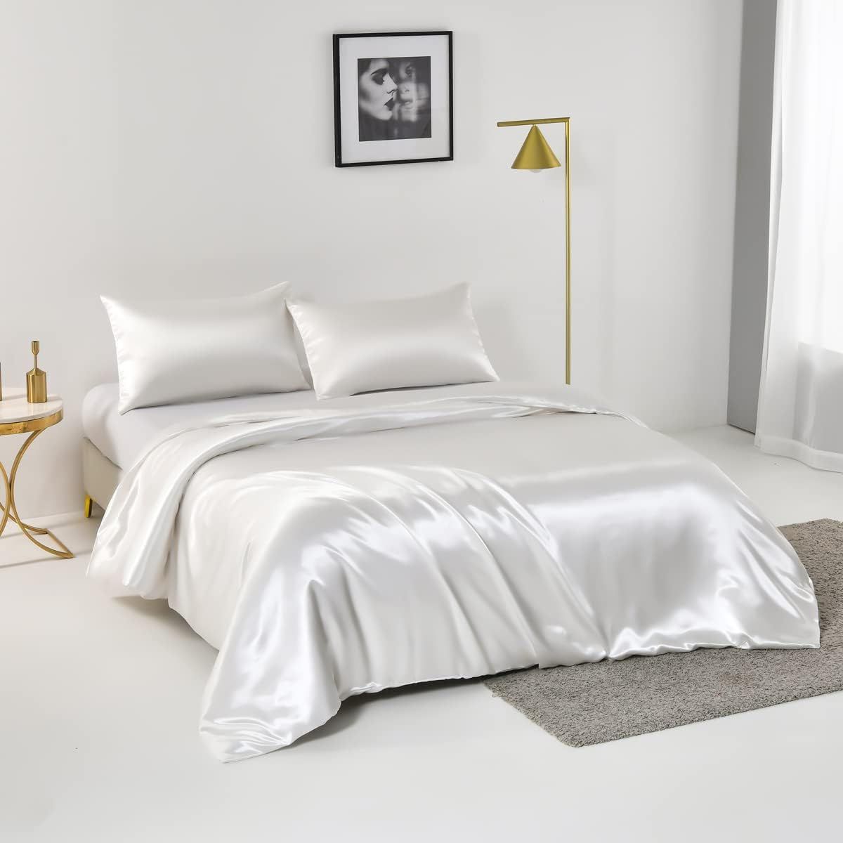Satin Quilt cover Set Hotel 3 Pieces Quilt cover with Pillowcase, Art Silk Bedding Set-Luxury Soft Silky pillowcase for Hair and Skin, Similar to Silk Duvet/Donna Cover Set- 3 Pieces(Queen,White)