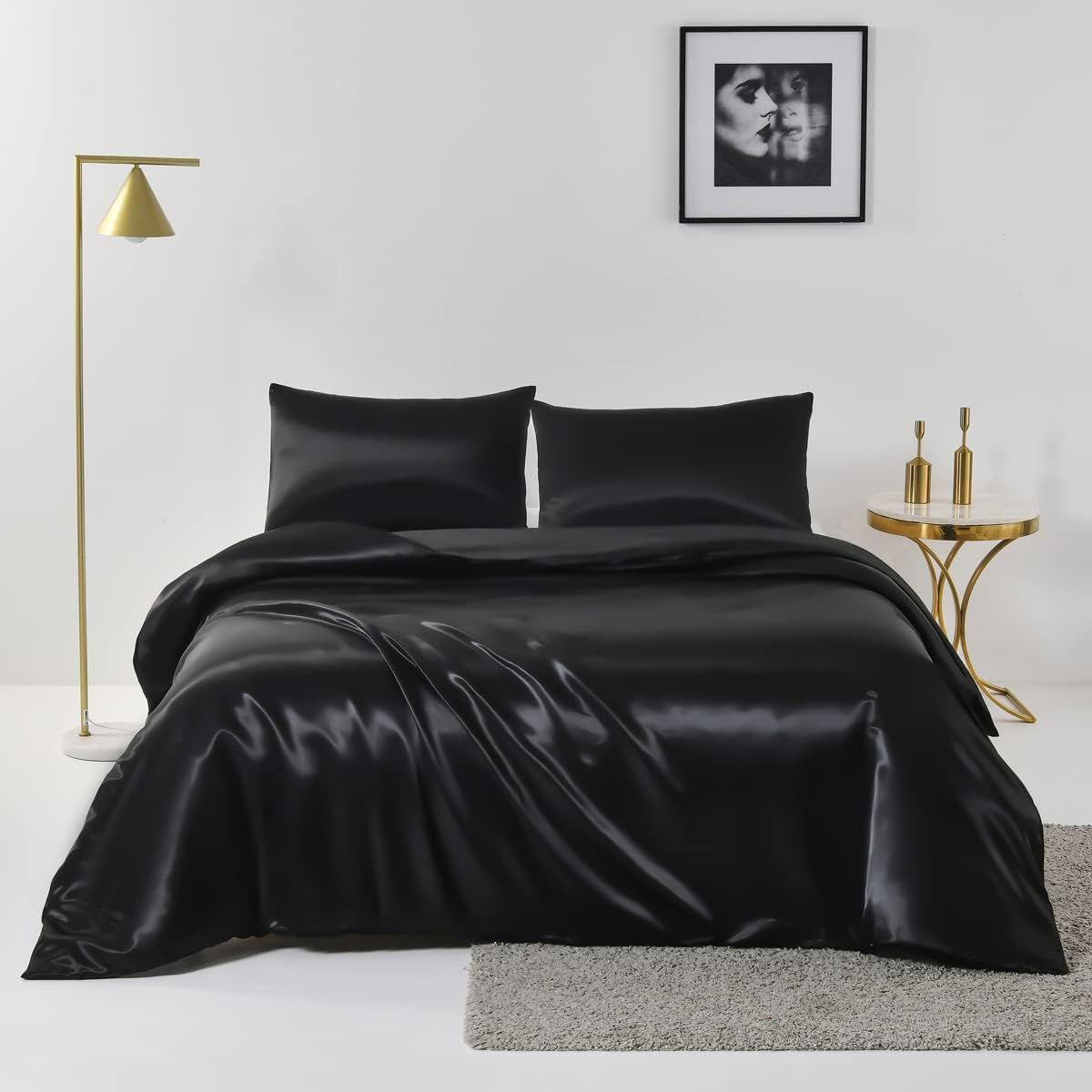 Satin Quilt cover Set Hotel 3 Pieces Quilt cover with Pillowcase, Art Silk Bedding Set-Luxury Soft Silky pillowcase for Hair and Skin, Similar to Silk Duvet/Donna Cover Set- 3 Pieces(Queen,Black)