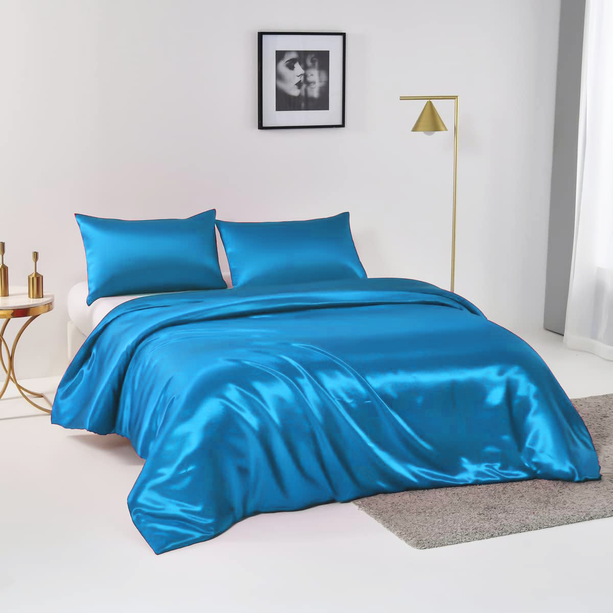 Satin Quilt cover Set Hotel 3 Pieces Quilt cover with Pillowcase, Art Silk Bedding Set-Luxury Soft Silky pillowcase for Hair and Skin, Similar to Silk Duvet/Donna Cover Set- 3 Pieces(Queen,Ocean)