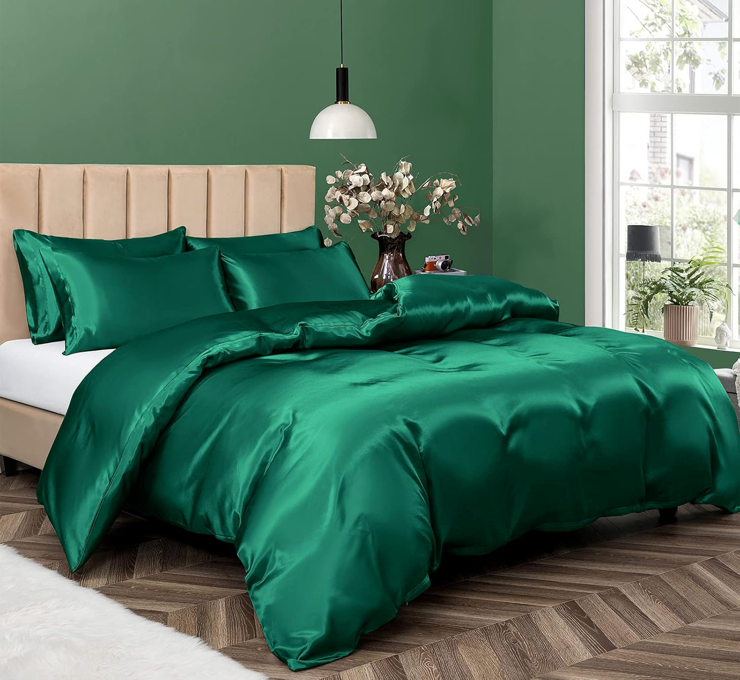Satin Quilt cover Set Hotel 3 Pieces Quilt cover with Pillowcase, Art Silk Bedding Set-Luxury Soft Silky pillowcase for Hair and Skin, Similar to Silk Duvet/Donna Cover Set- 3 Pieces(Queen,Green)