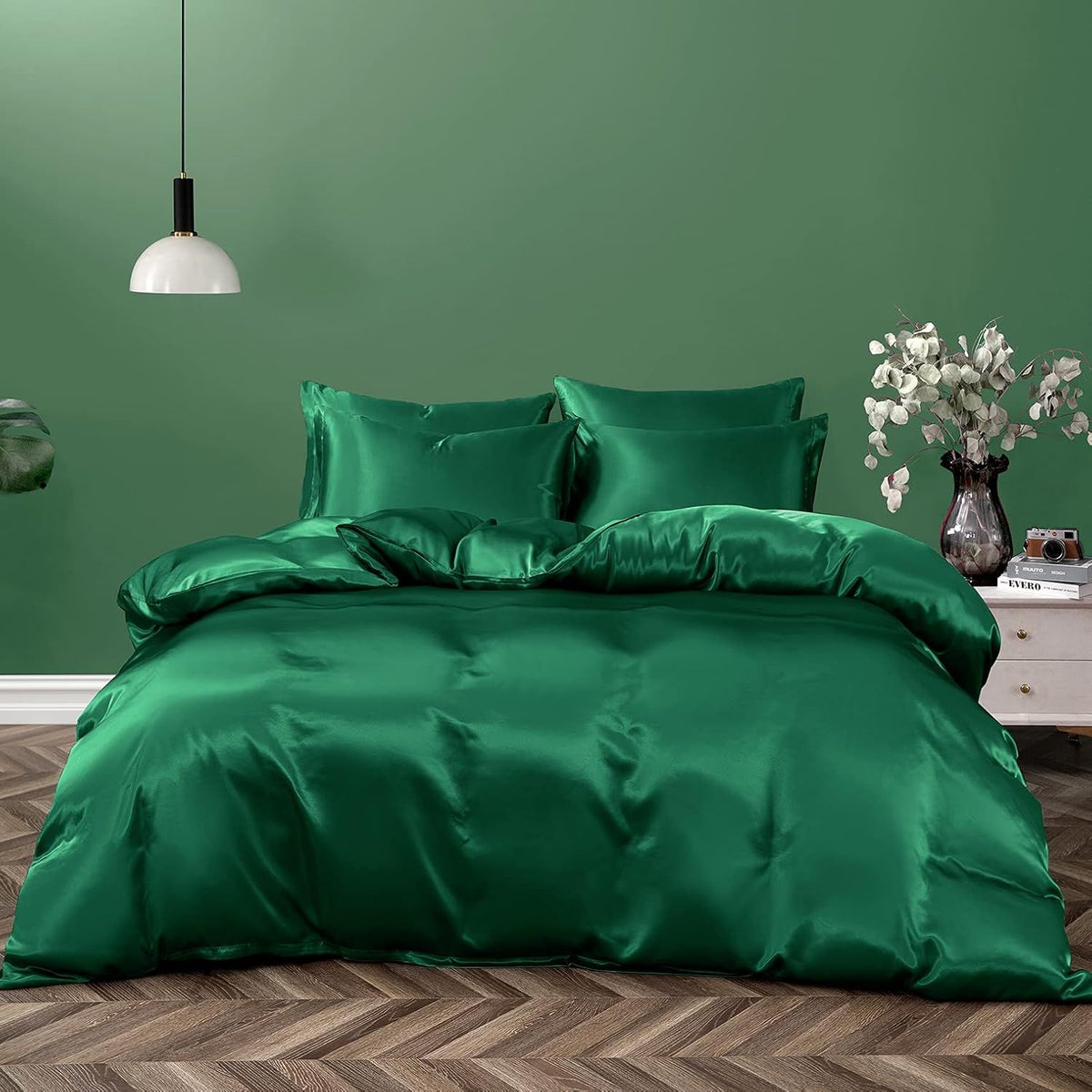 Satin Quilt cover Set Hotel 3 Pieces Quilt cover with Pillowcase, Art Silk Bedding Set-Luxury Soft Silky pillowcase for Hair and Skin, Similar to Silk Duvet/Donna Cover Set- 3 Pieces(Queen,Green)