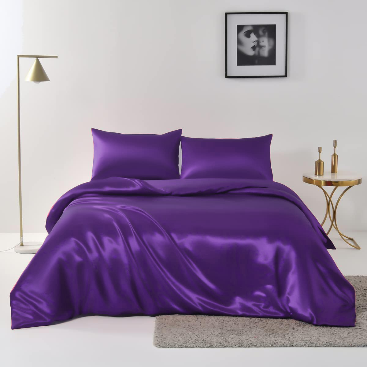 Satin Quilt cover Set Hotel 3 Pieces Quilt cover with Pillowcase, Art Silk Bedding Set-Luxury Soft Silky pillowcase for Hair and Skin, Similar to Silk Duvet/Donna Cover Set- 3 Pieces(Queen,Purple)