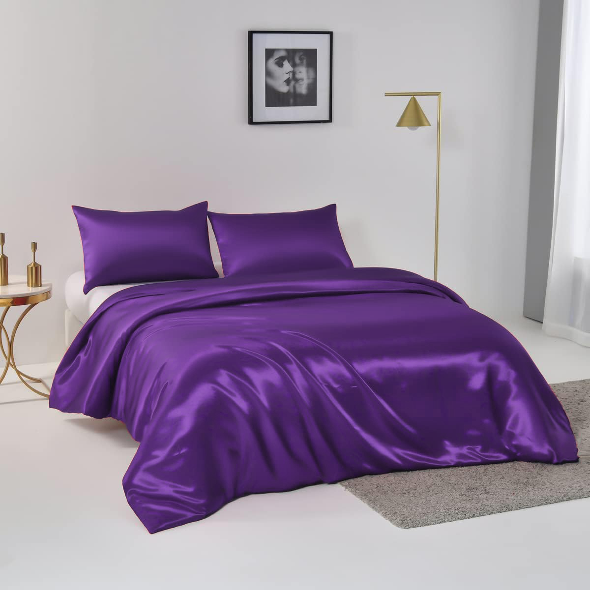 Satin Quilt cover Set Hotel 3 Pieces Quilt cover with Pillowcase, Art Silk Bedding Set-Luxury Soft Silky pillowcase for Hair and Skin, Similar to Silk Duvet/Donna Cover Set- 3 Pieces(Queen,Purple)