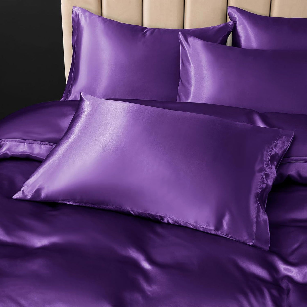 Satin Quilt cover Set Hotel 3 Pieces Quilt cover with Pillowcase, Art Silk Bedding Set-Luxury Soft Silky pillowcase for Hair and Skin, Similar to Silk Duvet/Donna Cover Set- 3 Pieces(Queen,Purple)