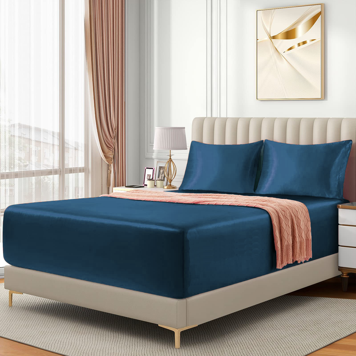 Satin Fitted Sheet Set Hotel 3 Pieces Fitted Sheet with Pillowcase, Art Silk Bedding Set-Luxury Soft Silky Sheets for Hair and Skin, Similar to Silk Fitted Sheets Set 3 Pieces(Queen,Navy)