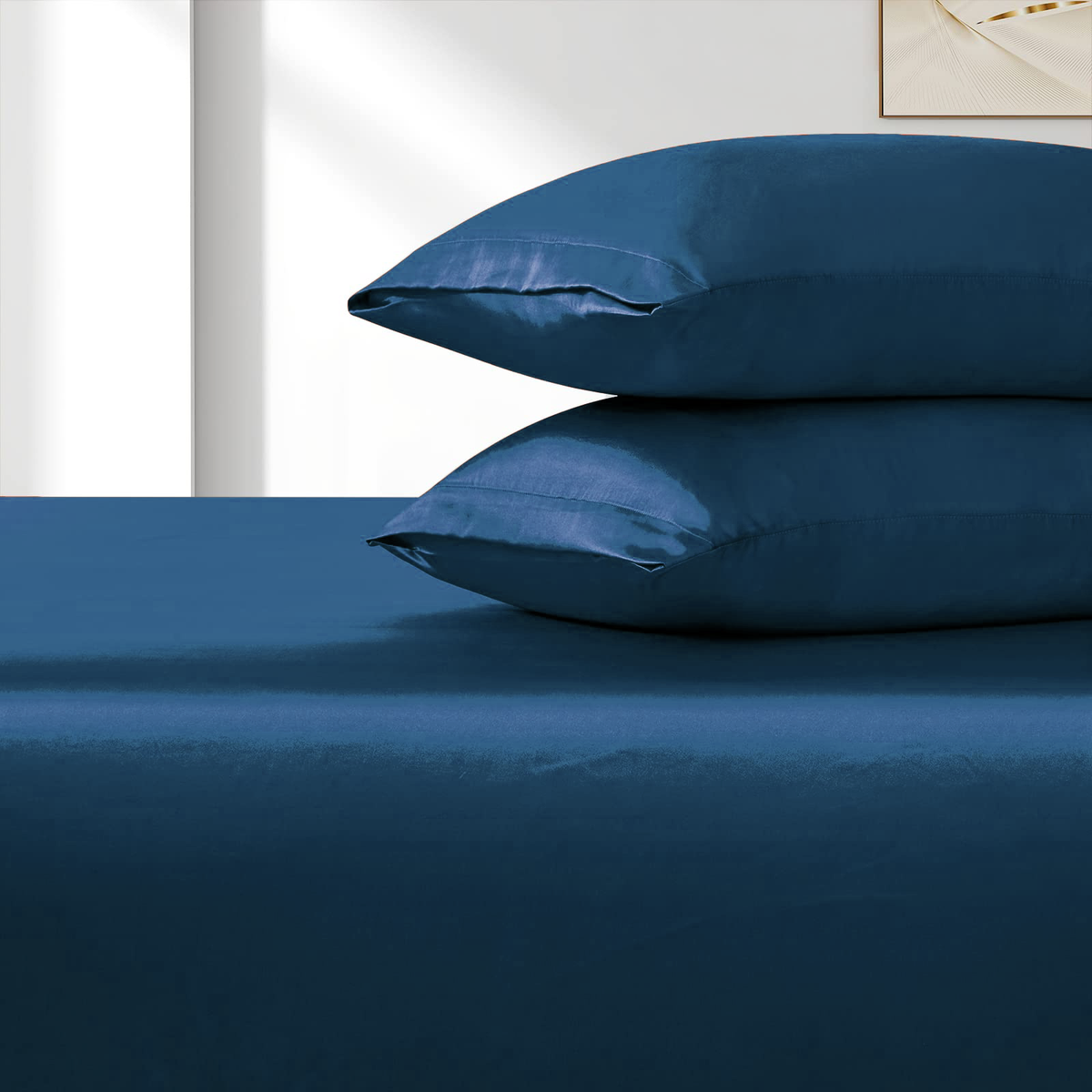 Satin Fitted Sheet Set Hotel 3 Pieces Fitted Sheet with Pillowcase, Art Silk Bedding Set-Luxury Soft Silky Sheets for Hair and Skin, Similar to Silk Fitted Sheets Set 3 Pieces(Queen,Navy)