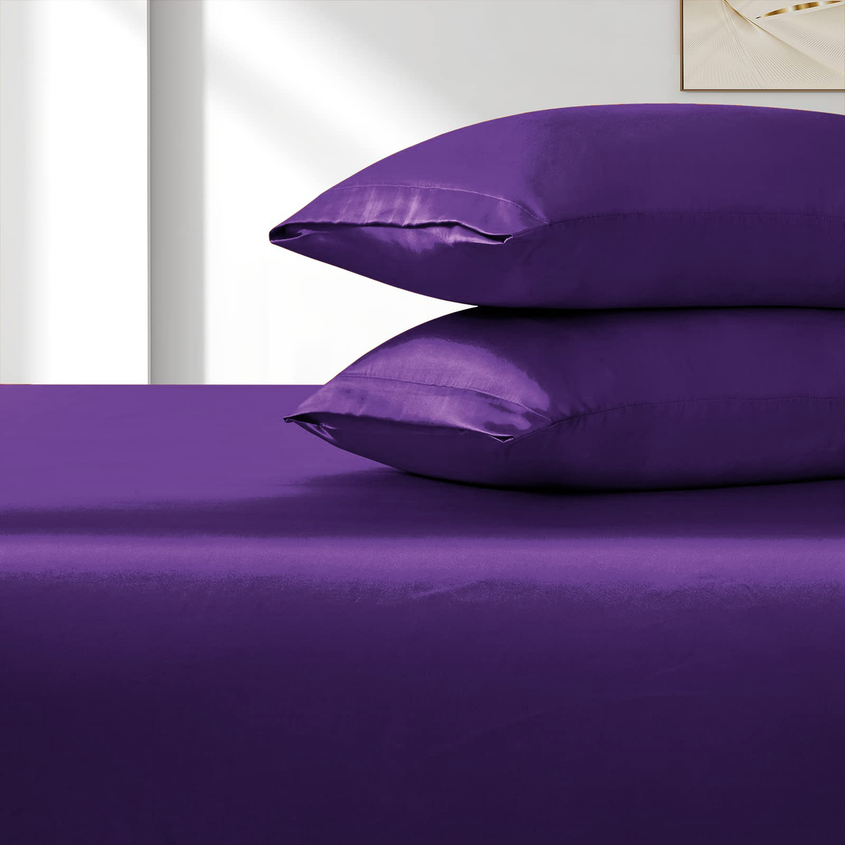 Satin Fitted Sheet Set Hotel 3 Pieces Fitted Sheet with Pillowcase, Art Silk Bedding Set-Luxury Soft Silky Sheets for Hair and Skin, Similar to Silk Fitted Sheets Set 3 Pieces(Queen,Purple)
