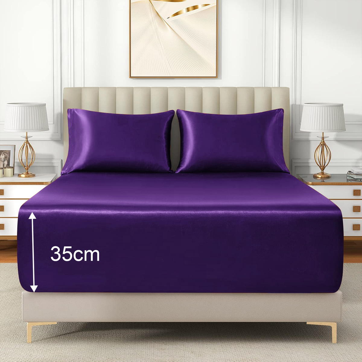 Satin Fitted Sheet Set Hotel 3 Pieces Fitted Sheet with Pillowcase, Art Silk Bedding Set-Luxury Soft Silky Sheets for Hair and Skin, Similar to Silk Fitted Sheets Set 3 Pieces(Queen,Purple)