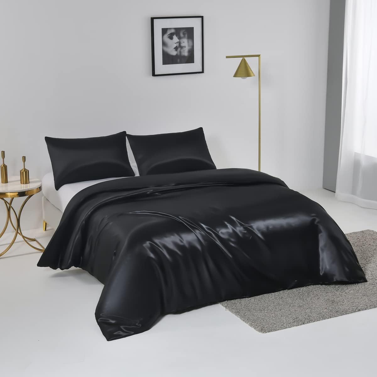 Satin Quilt cover Set Hotel 3 Pieces Quilt cover with Pillowcase, Art Silk Bedding Set-Luxury Soft Silky pillowcase for Hair and Skin, Similar to Silk Duvet/Donna Cover Set- 3 Pieces(Super King,Black)