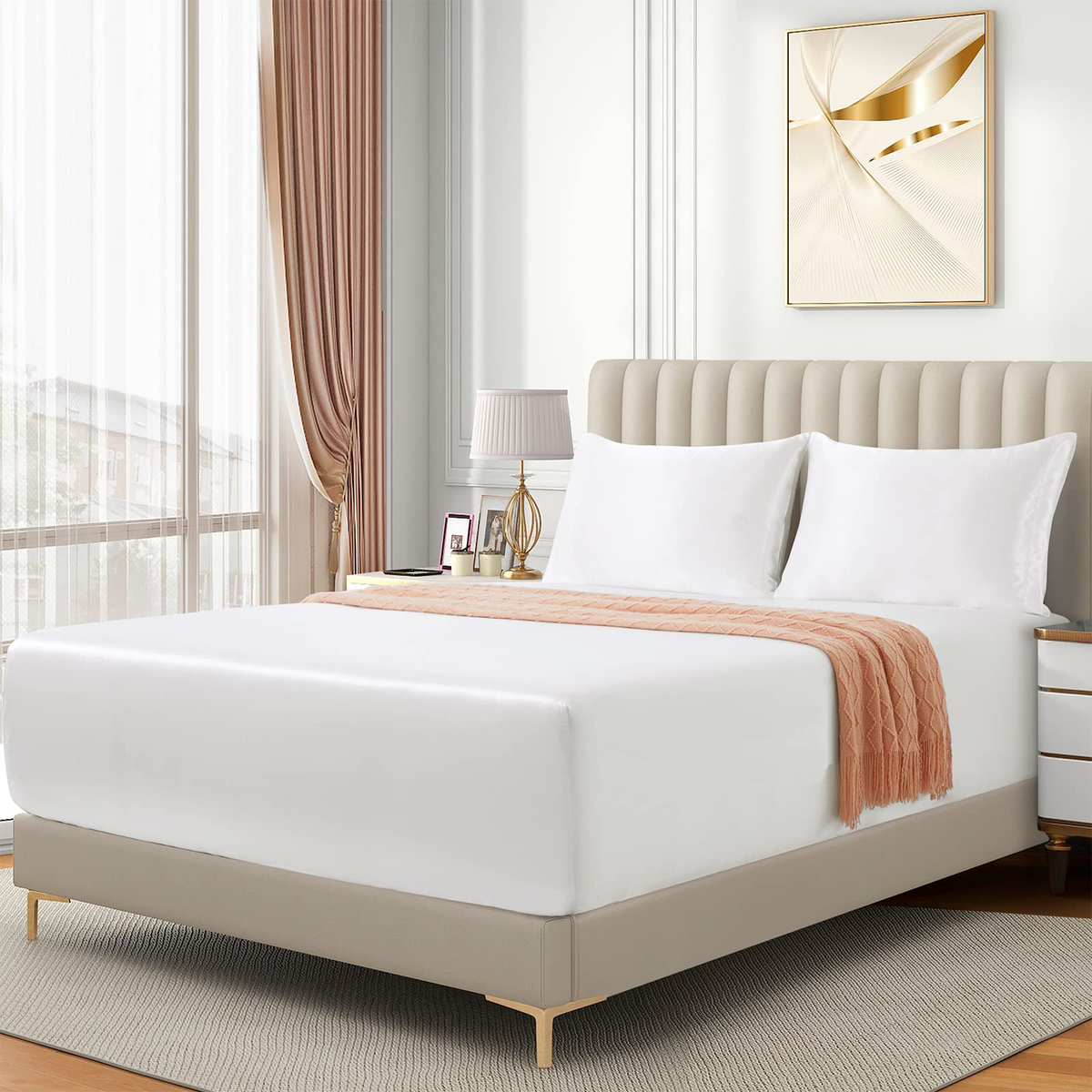 Satin Fitted Sheet Set Hotel 3 Pieces Fitted Sheet with Pillowcase, Art Silk Bedding Set-Luxury Soft Silky Sheets for Hair and Skin, Similar to Silk Fitted Sheets Set 3 Pieces(Super King,White)