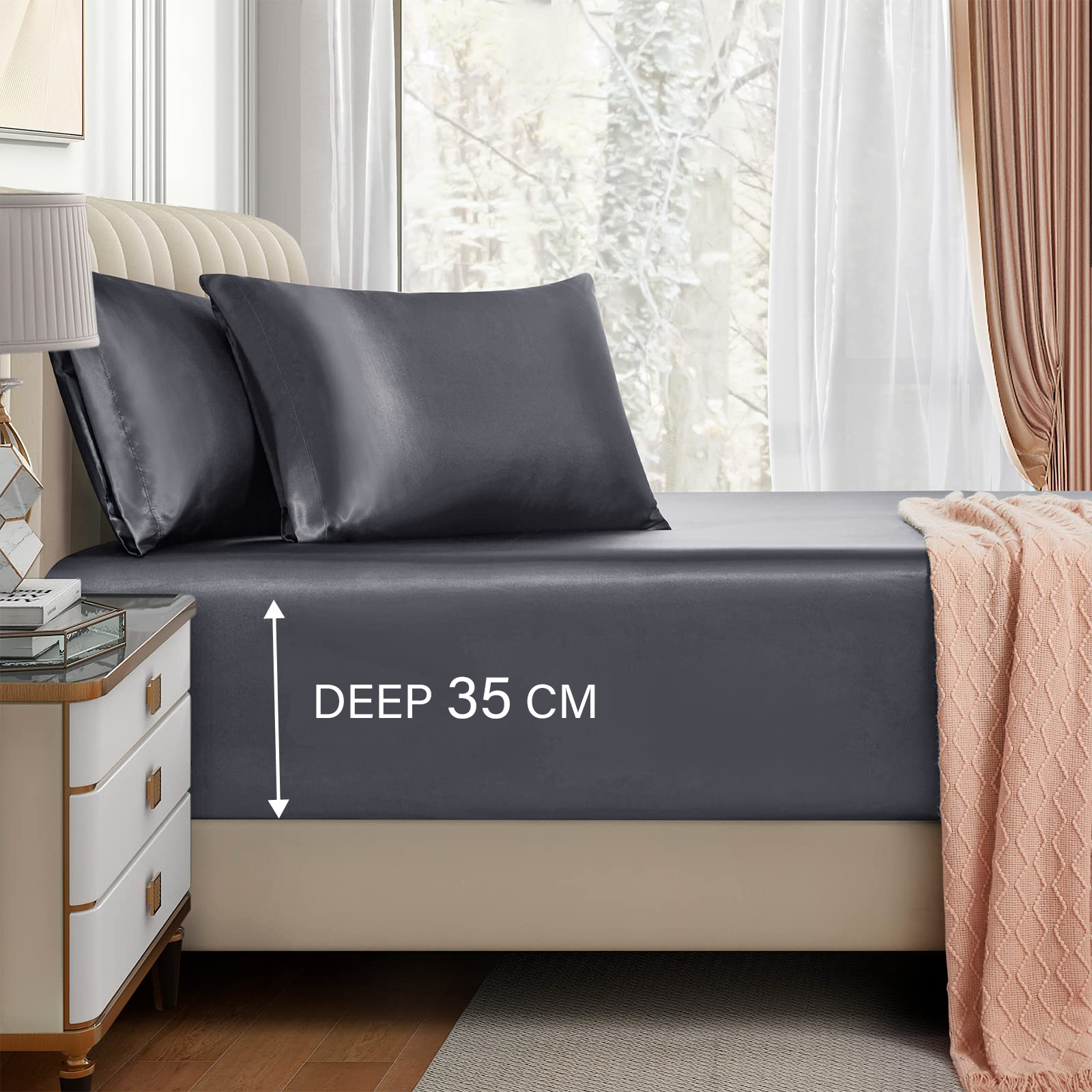 Satin Fitted Sheet Set Hotel 3 Pieces Fitted Sheet with Pillowcase, Art Silk Bedding Set-Luxury Soft Silky Sheets for Hair and Skin, Similar to Silk Fitted Sheets Set 3 Pieces(Super King,Grey)