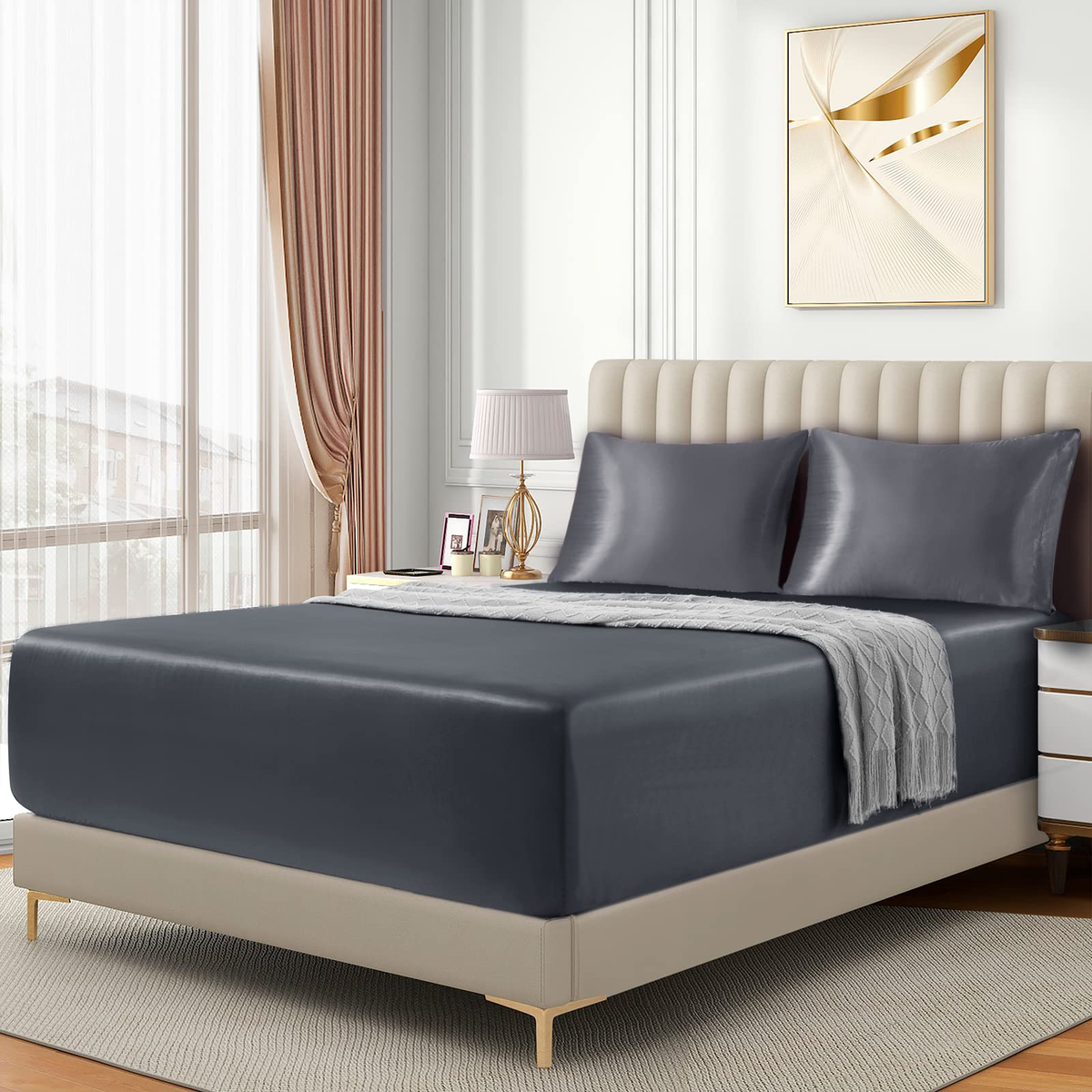 Satin Fitted Sheet Set Hotel 3 Pieces Fitted Sheet with Pillowcase, Art Silk Bedding Set-Luxury Soft Silky Sheets for Hair and Skin, Similar to Silk Fitted Sheets Set 3 Pieces(Super King,Grey)