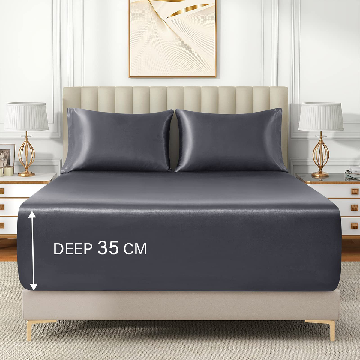 Satin Fitted Sheet Set Hotel 3 Pieces Fitted Sheet with Pillowcase, Art Silk Bedding Set-Luxury Soft Silky Sheets for Hair and Skin, Similar to Silk Fitted Sheets Set 3 Pieces(Super King,Grey)