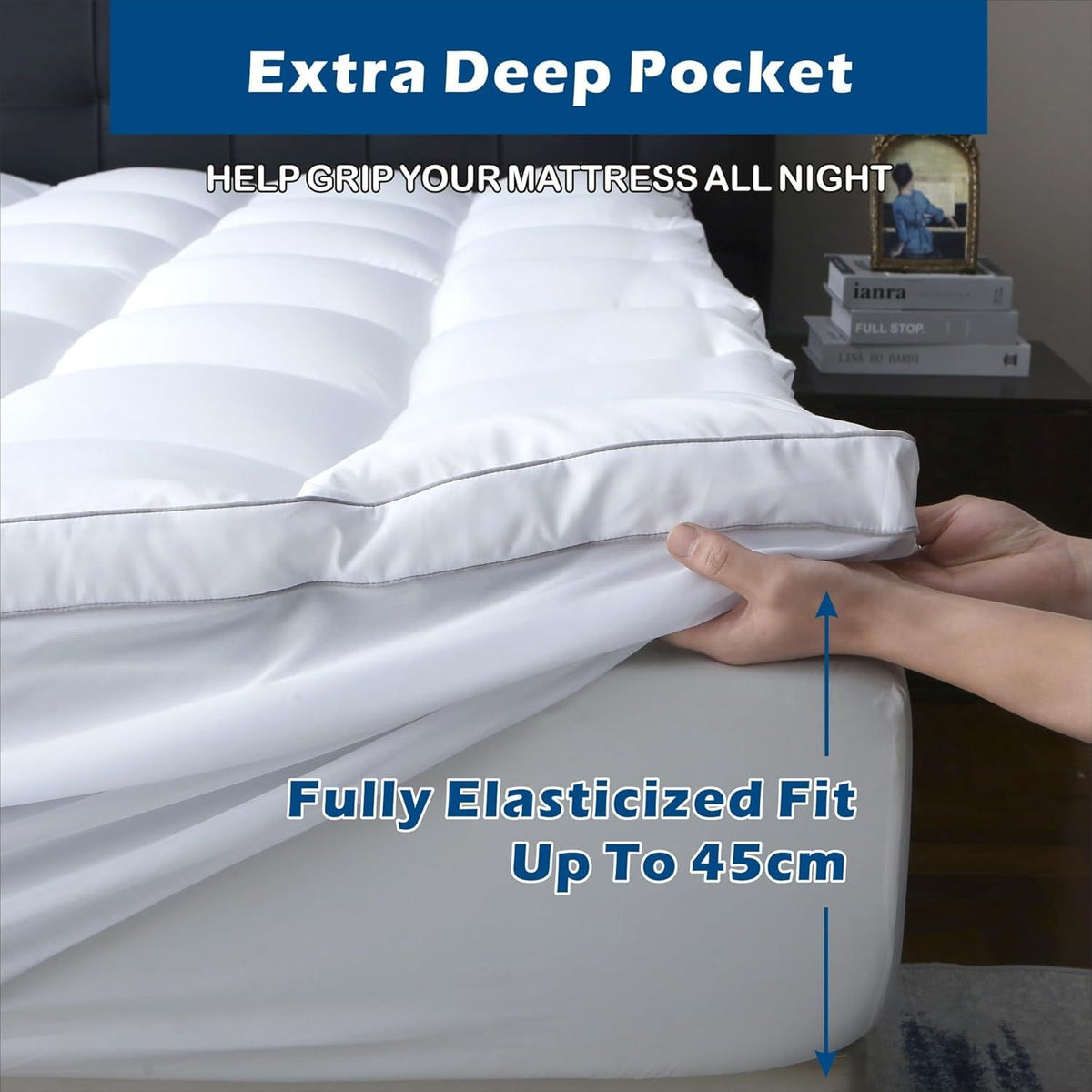 1000GSM Mattress Topper Viscose Derived from Bamboo, Thick Pillowtop Fitted Mattress Cover with 45cm Deep Skirt - Machine Washable Hypoallergenic（Single,Black）