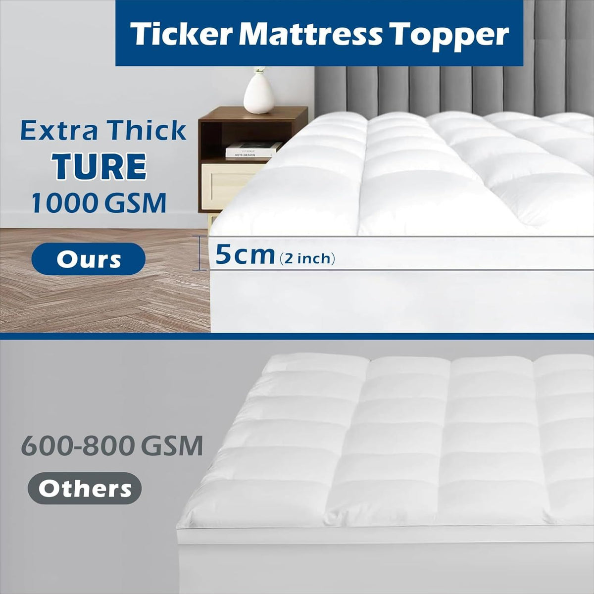 1000GSM Mattress Topper Viscose Derived from Bamboo, Thick Pillowtop Fitted Mattress Cover with 45cm Deep Skirt - Machine Washable Hypoallergenic（Single,Black）