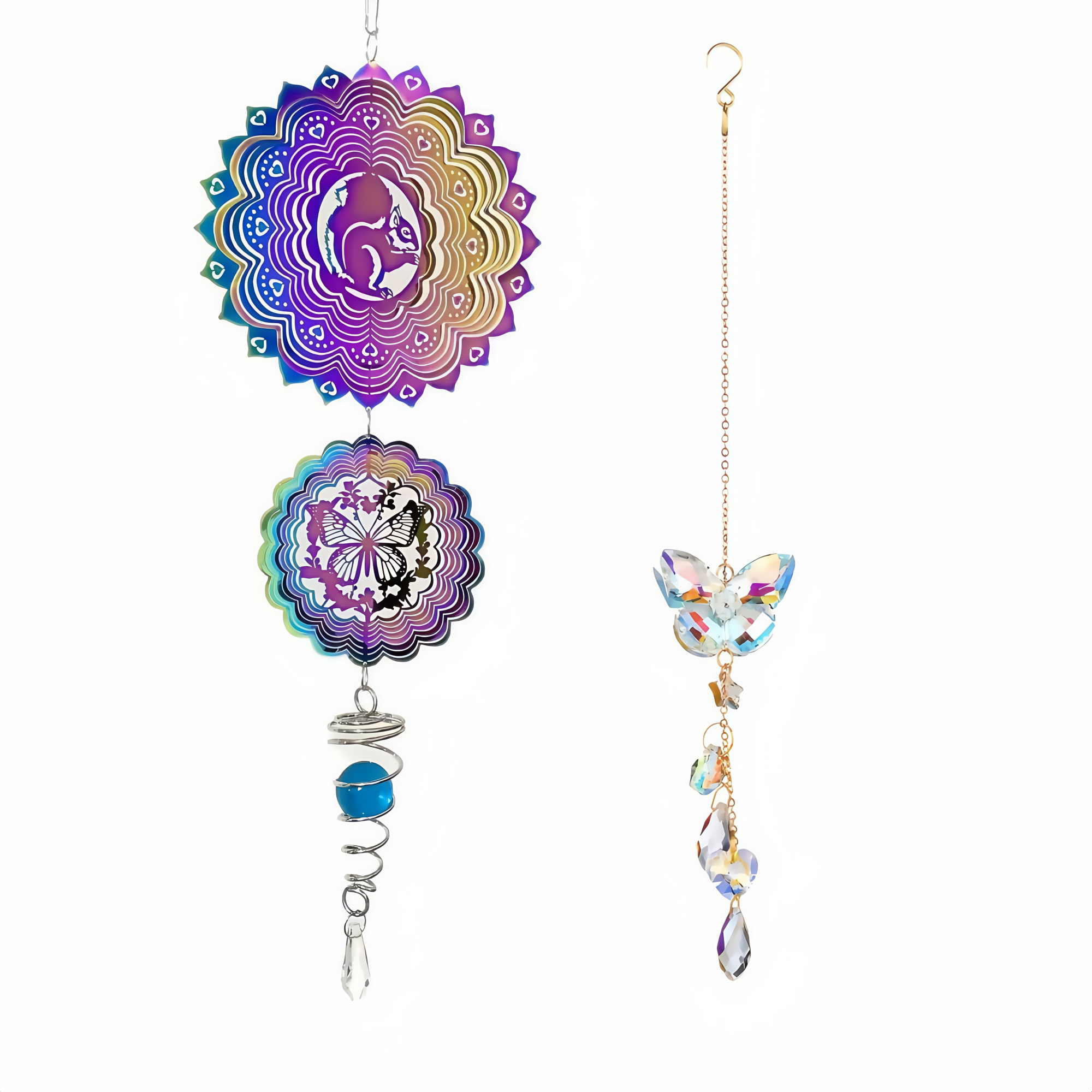 3D Stainless Steel Wind Spinner with Spiral Tail & Butterfly Crystal Sun Catcher, Hanging Metal Wind Chimes for Women Gift, Indoor/Outdoor Decor, Yard Art Decorations