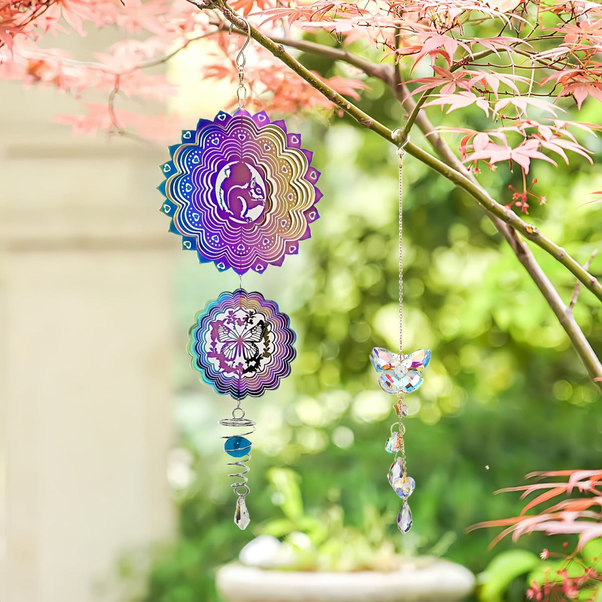 3D Stainless Steel Wind Spinner with Spiral Tail & Butterfly Crystal Sun Catcher, Hanging Metal Wind Chimes for Women Gift, Indoor/Outdoor Decor, Yard Art Decorations