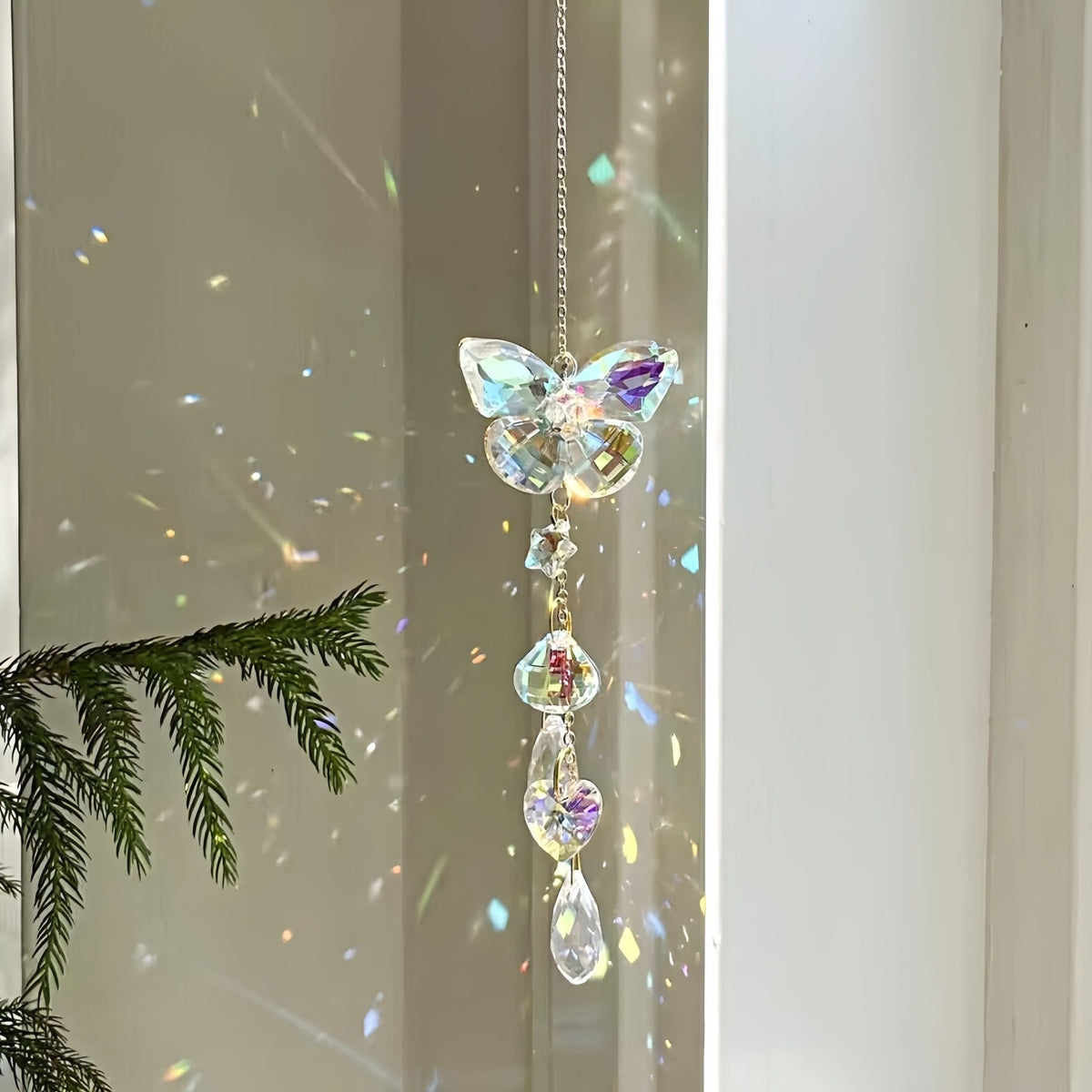 3D Stainless Steel Wind Spinner with Spiral Tail & Butterfly Crystal Sun Catcher, Hanging Metal Wind Chimes for Women Gift, Indoor/Outdoor Decor, Yard Art Decorations