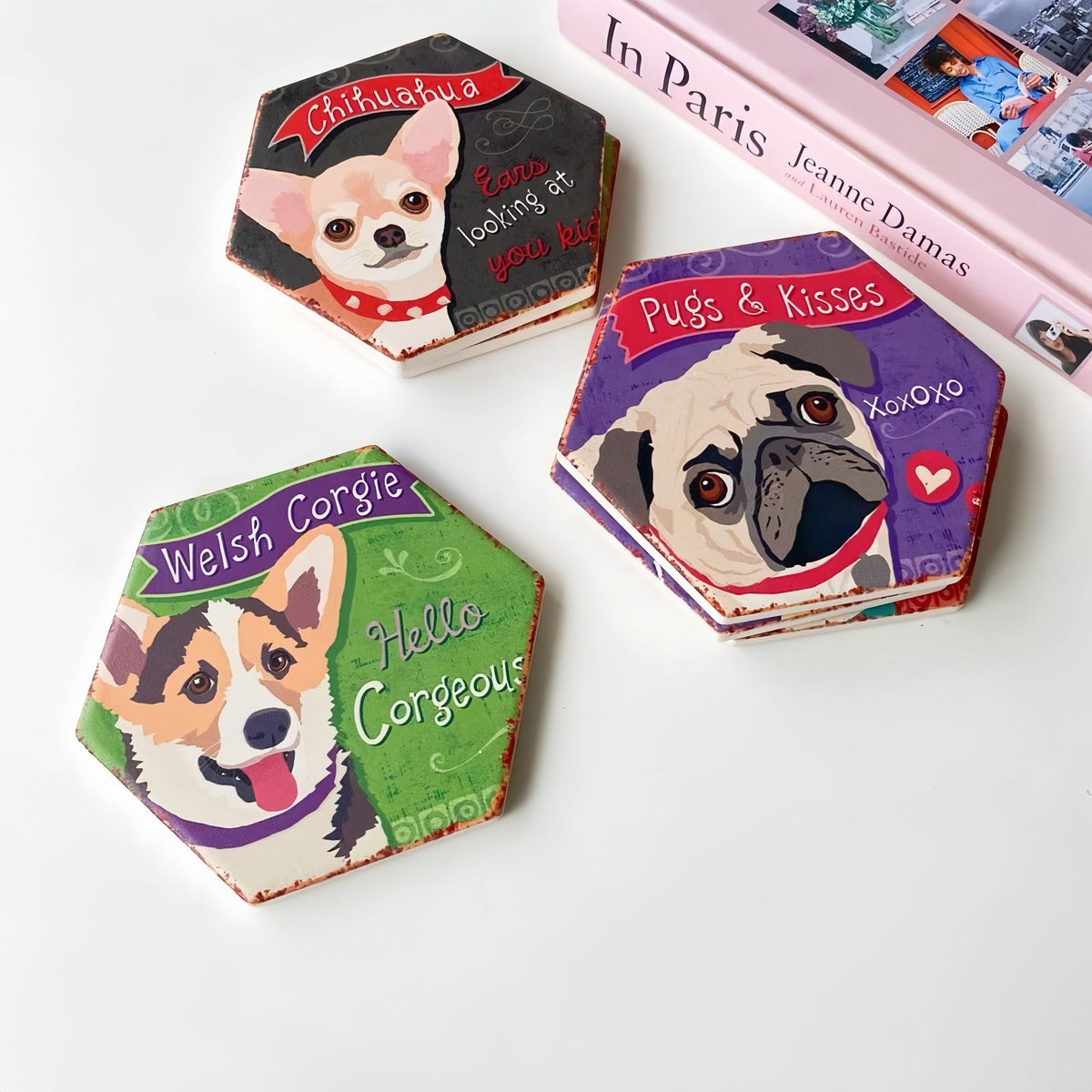 Drink Coasters Set of 6 with Holder, Cute Dog Absorbent Ceramic Coasters with