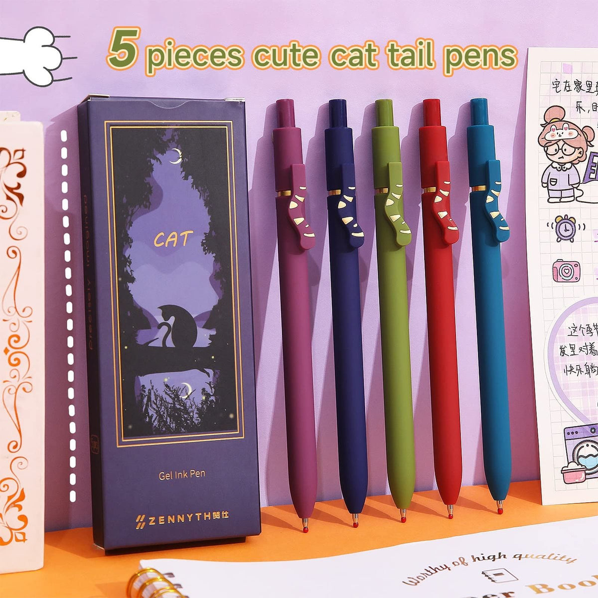 5 Pcs Retractable Gel Pens,0.5mm Ballpoint Black Ink Pens with Cute Cat Tail,Japanese Smooth Writing Fine for Cat Lovers School Office