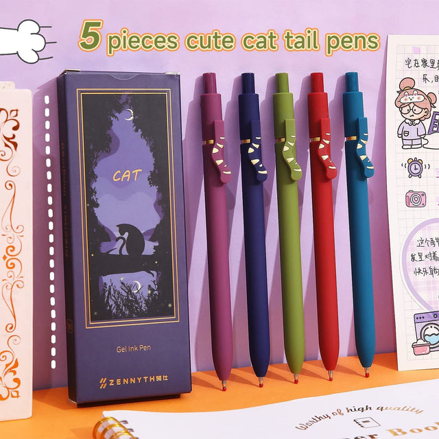 5 Pcs Retractable Gel Pens 0.5mm Ballpoint Black Ink Pens Cat Cat Lovers School