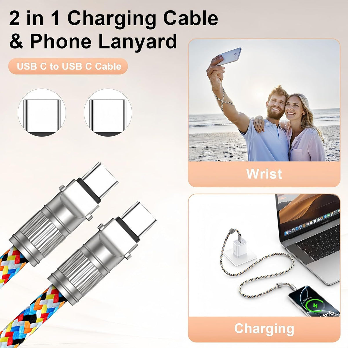 Mobile Phone Lanyard Data Line 2 in 1,PD65W Fast Charging USB-C Data Transfer Cord,Wire Equipped Lock Buckle,Crossbody Phone Wrist Strap Set