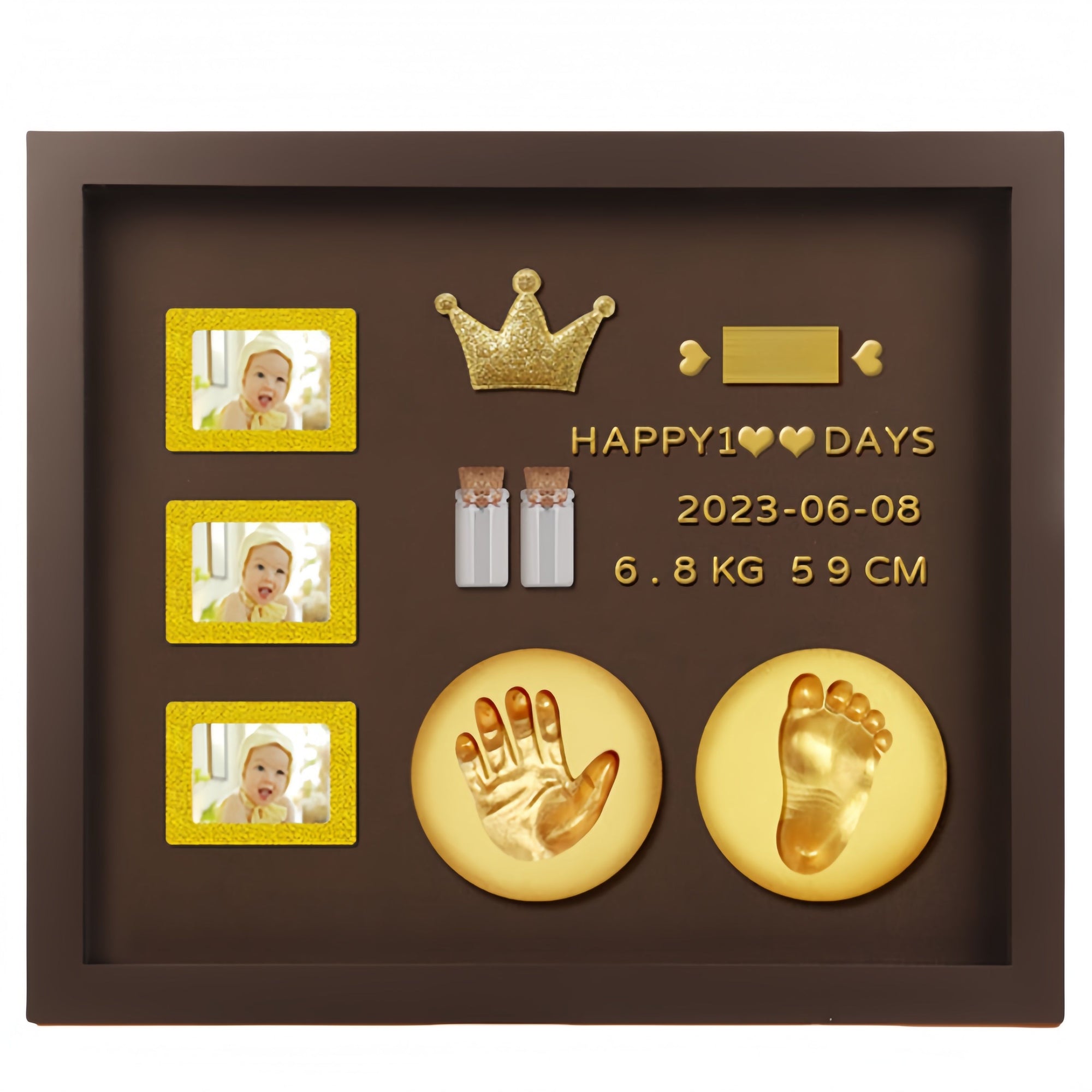 Baby Hand and Footprint Kit with 3 Photo Slots, Golden Ink Pad & Number/Letter