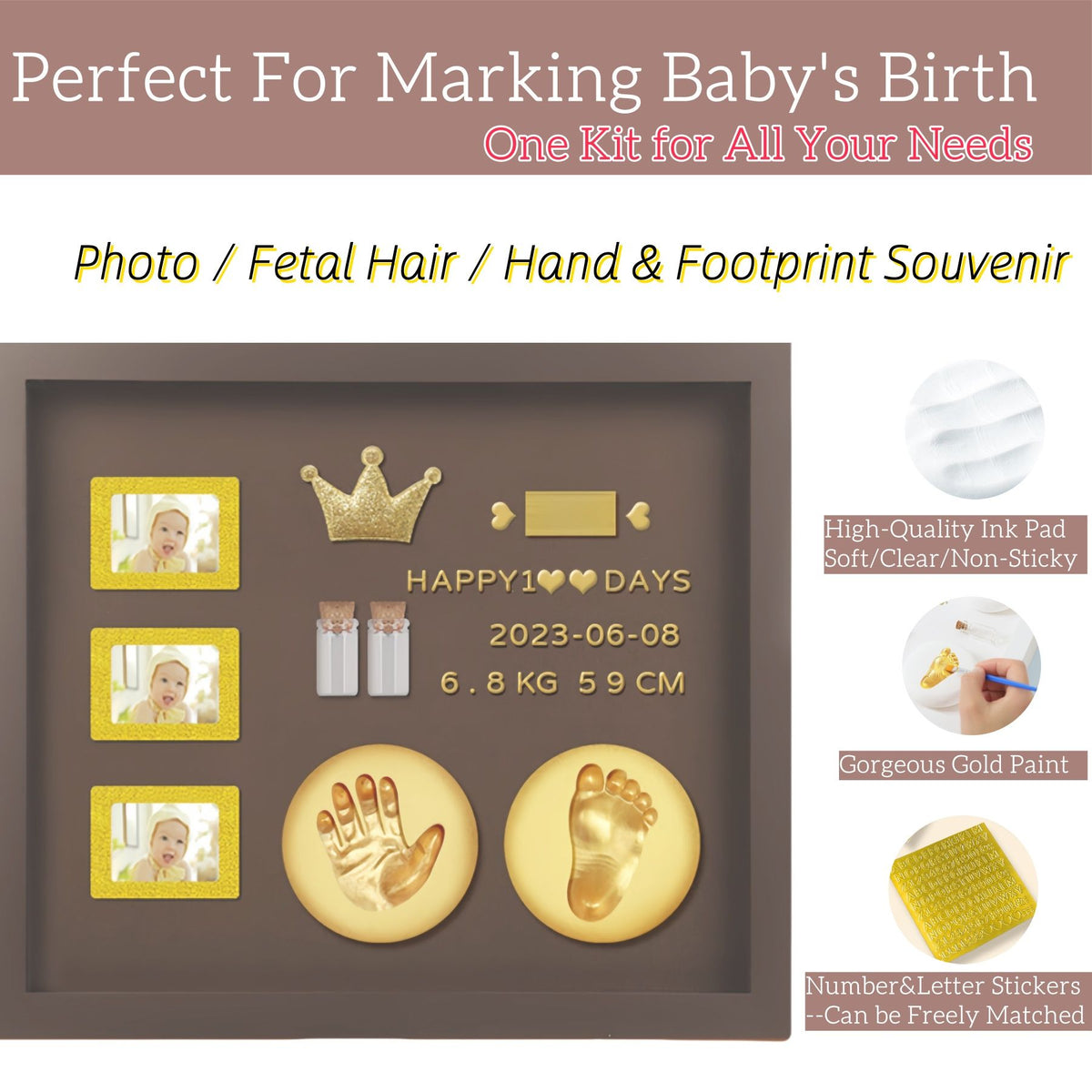 Baby Hand and Footprint Kit with 3 Photo Slots, Golden Ink Pad & Number/Letter