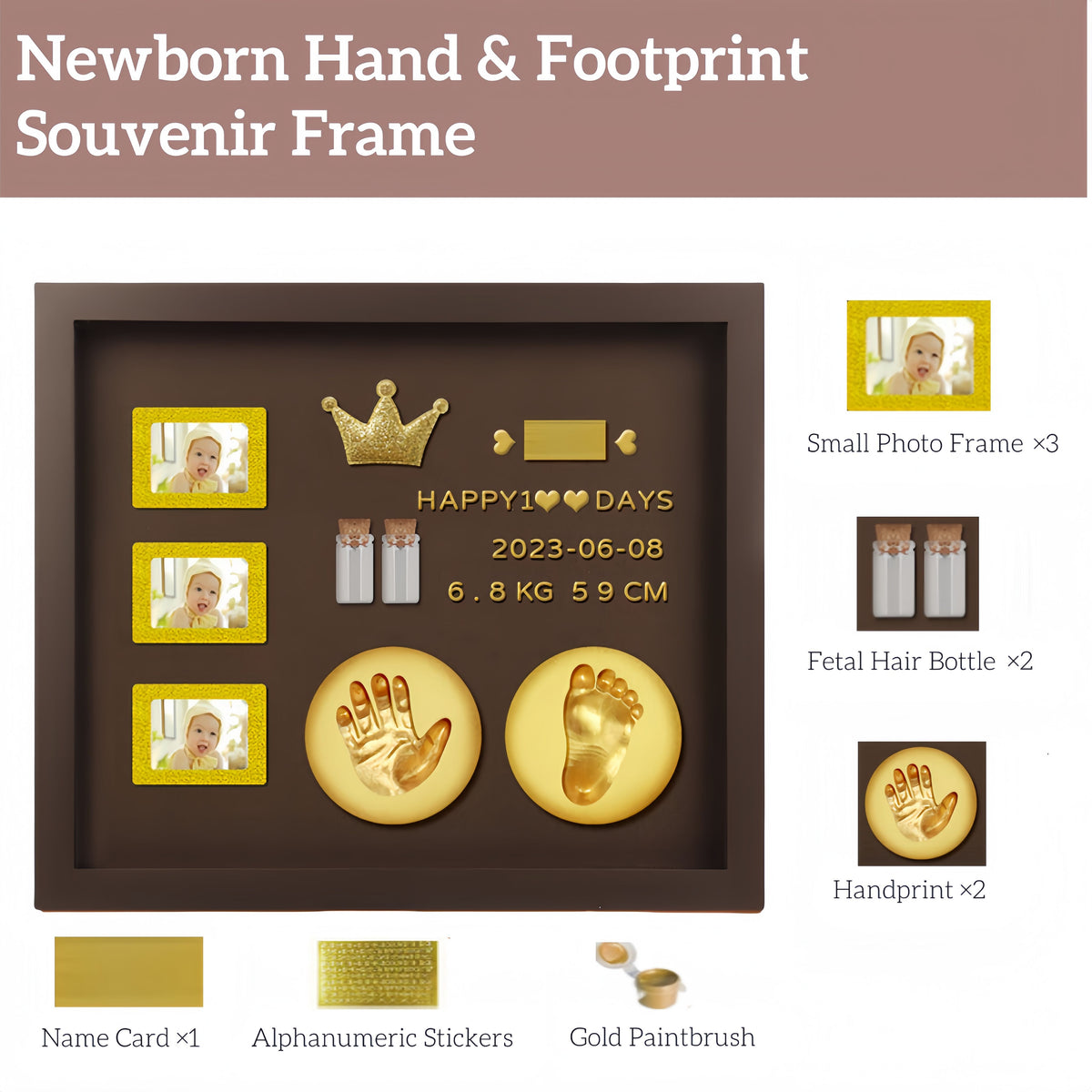 Baby Hand and Footprint Kit with 3 Photo Slots, Golden Ink Pad & Number/Letter