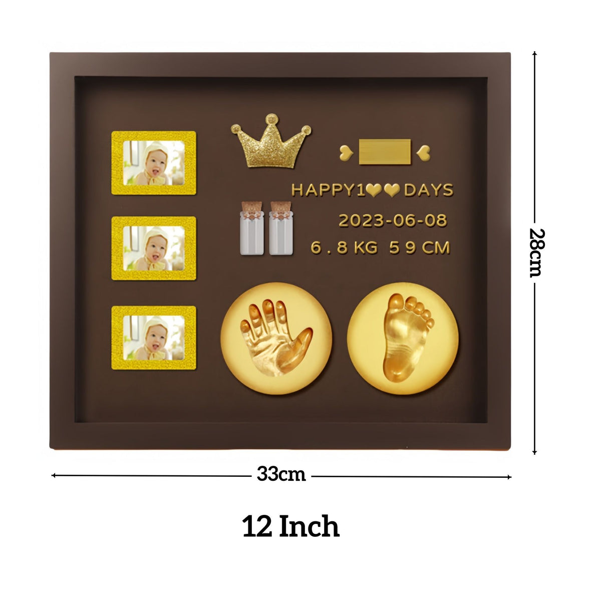 Baby Hand and Footprint Kit with 3 Photo Slots, Golden Ink Pad & Number/Letter