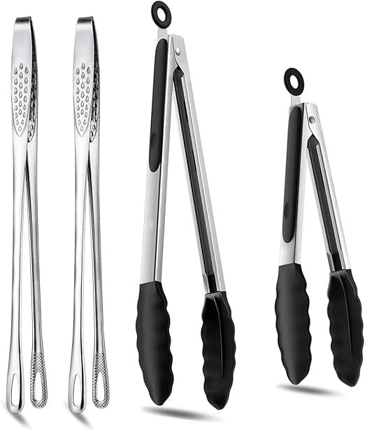 4 Pcs Kitchen Tongs Stainless Steel Set-9" & 12" Tong with Non Slip Silicone Tips and Grip, 11" Stainless Steel Cooking Tongs, Heat Resistant Kitchen Utensils for Cooking Baking Buffet