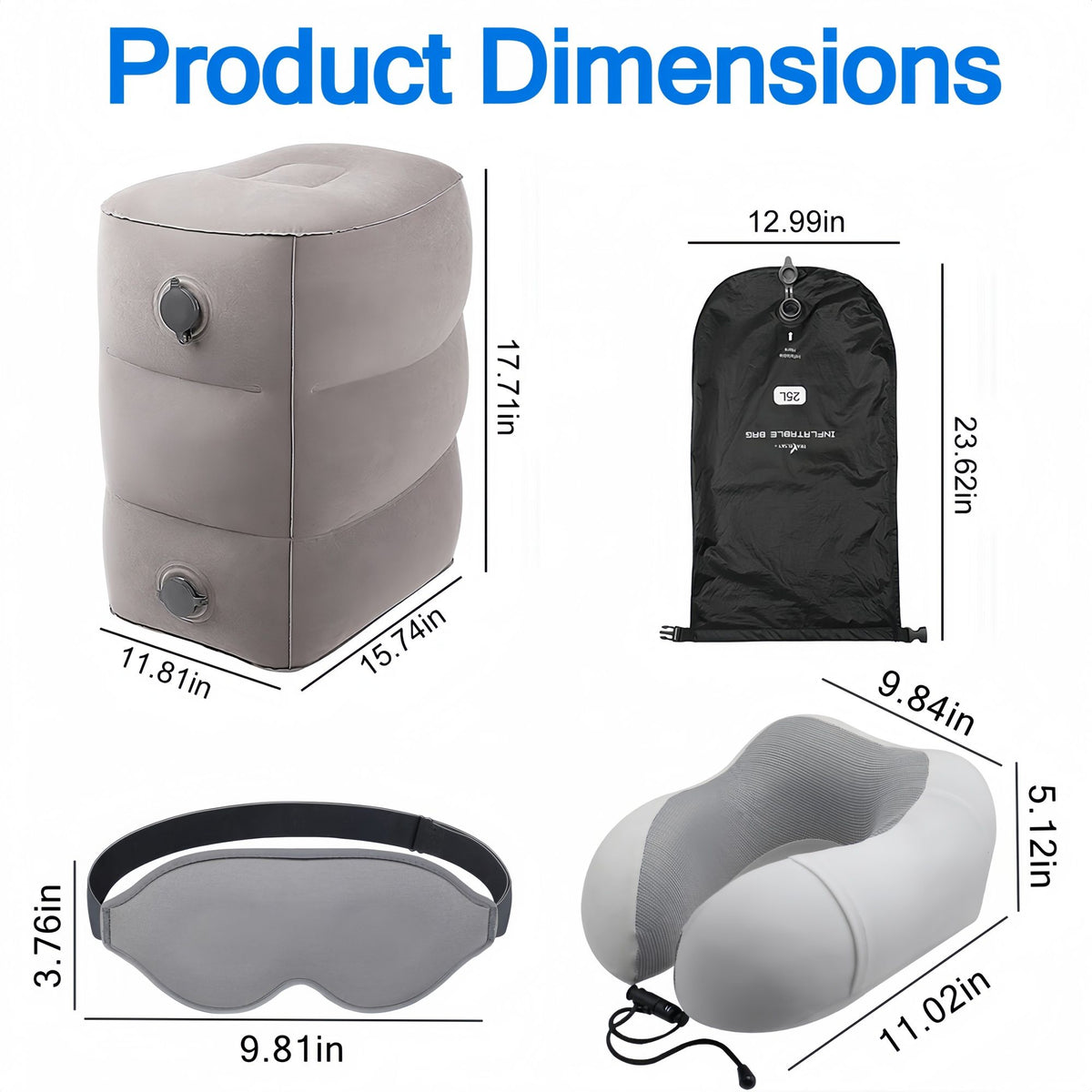 3 Pack Travel Essentials – Travel Pillow, Inflatable Foot Rest & Sleep Mask with Storage Bag, Airplane Travel Accessories Kit for Kids & Adults