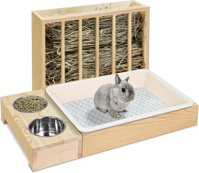 Wooden Rabbit Hay Feeder with 3-in-1 Litter Box and Bowls, - Wood Color