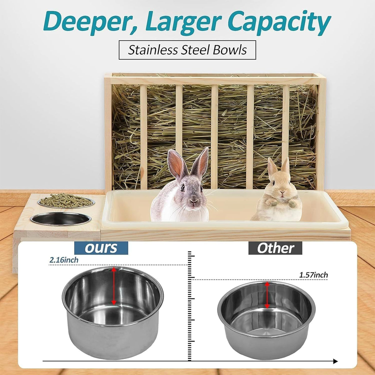 Wooden Rabbit Hay Feeder with 3-in-1 Litter Box and Bowls, Small Animal Rack for Guinea Pigs, Chinchillas, Hamsters, and Dwarf Rabbits - Wood Color