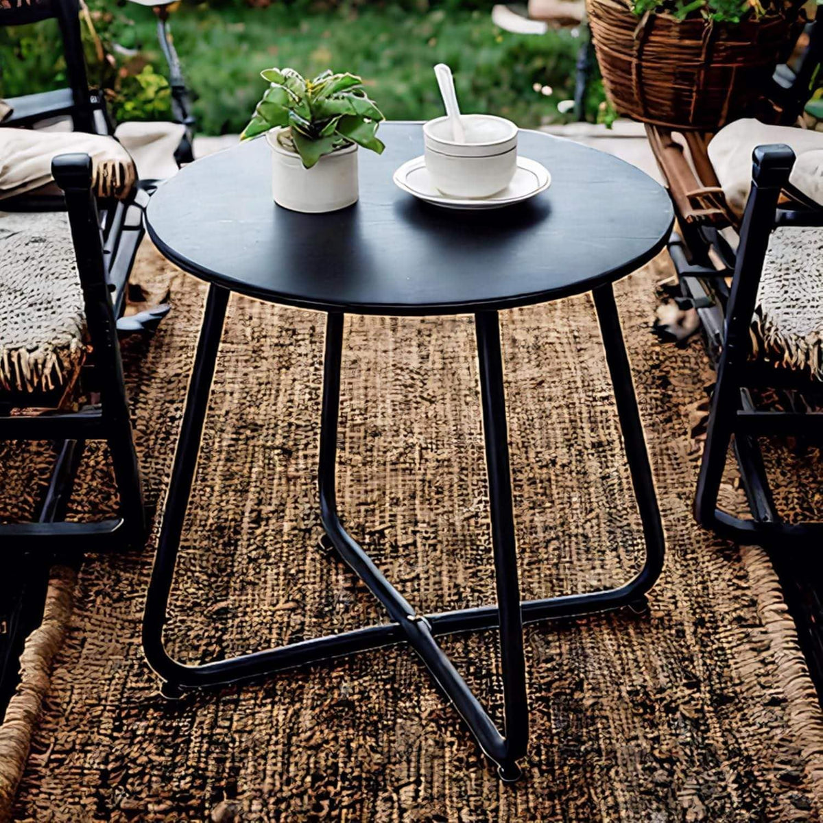 Outdoor Metal Side Table – Rust-Resistant Patio Small Round End Table, Accent Coffee Table for Balcony, Garden, Porch, Living Room & Bedroom – Lightweight Portable Plant Stand, Black