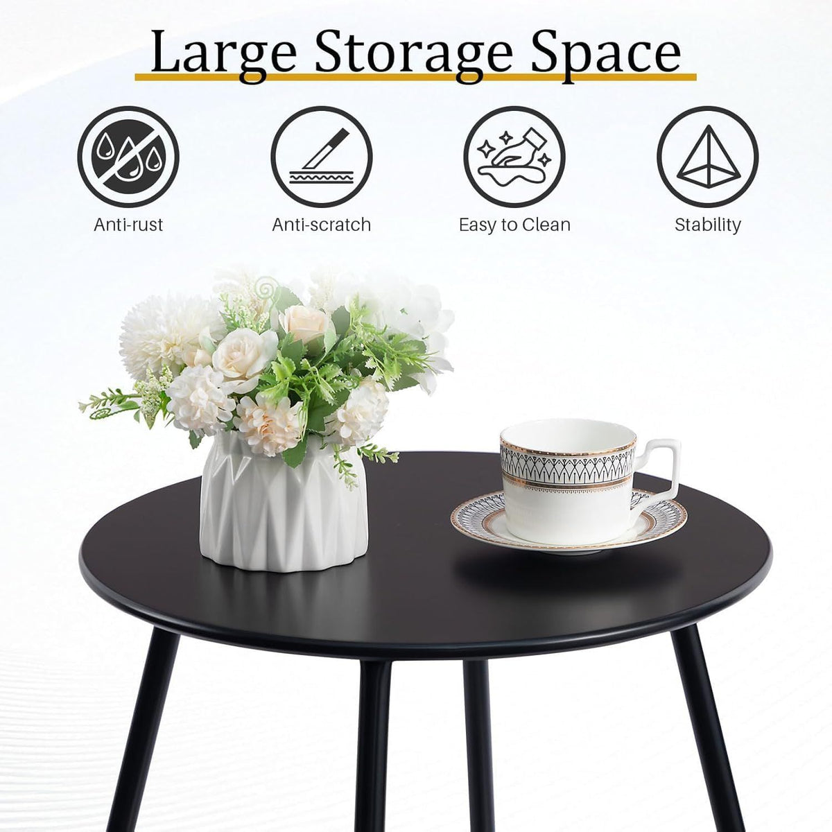 Outdoor Metal Side Table – Rust-Resistant Patio Small Round End Table, Accent Coffee Table for Balcony, Garden, Porch, Living Room & Bedroom – Lightweight Portable Plant Stand, Black