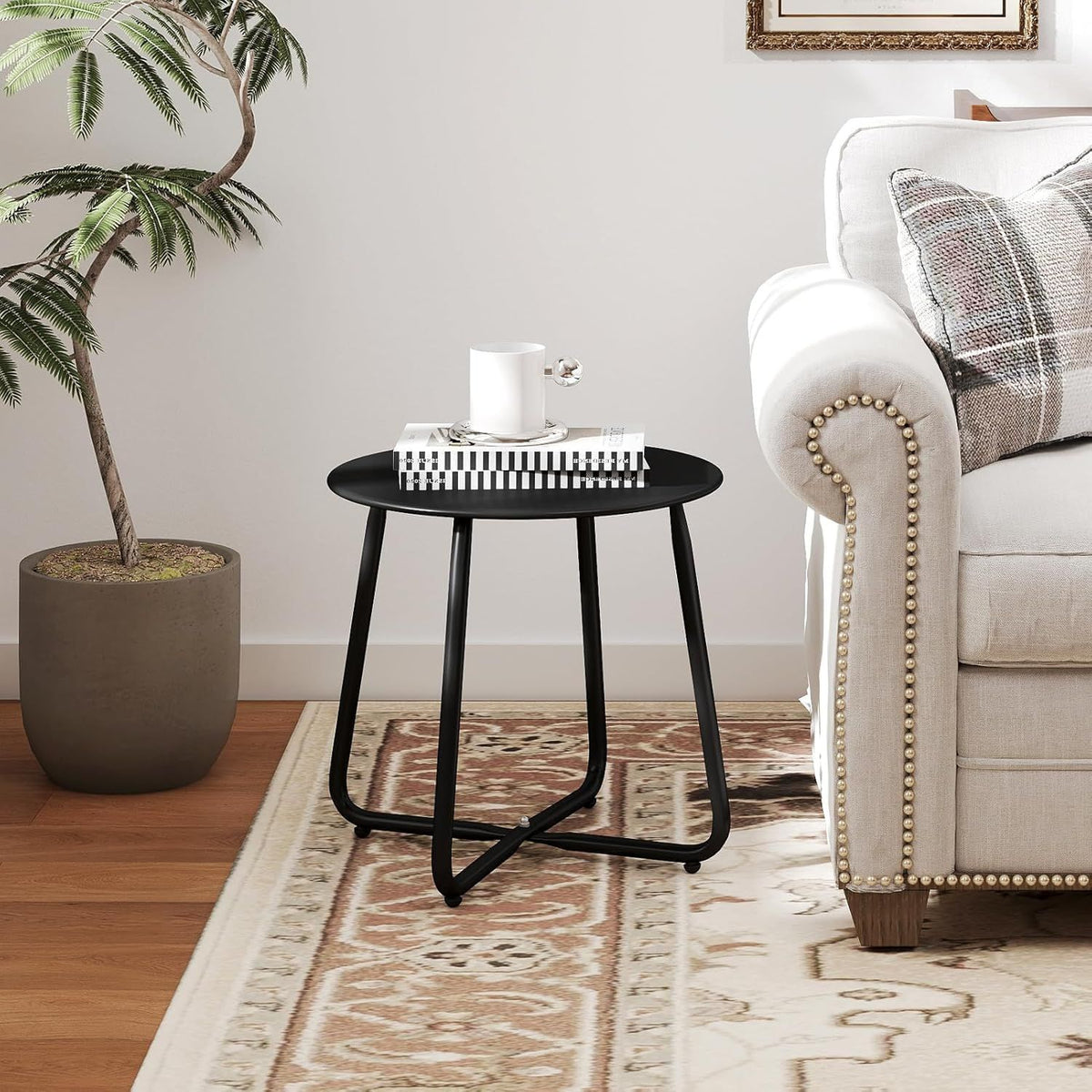 Outdoor Metal Side Table – Rust-Resistant Patio Small Round End Table, Accent Coffee Table for Balcony, Garden, Porch, Living Room & Bedroom – Lightweight Portable Plant Stand, Black