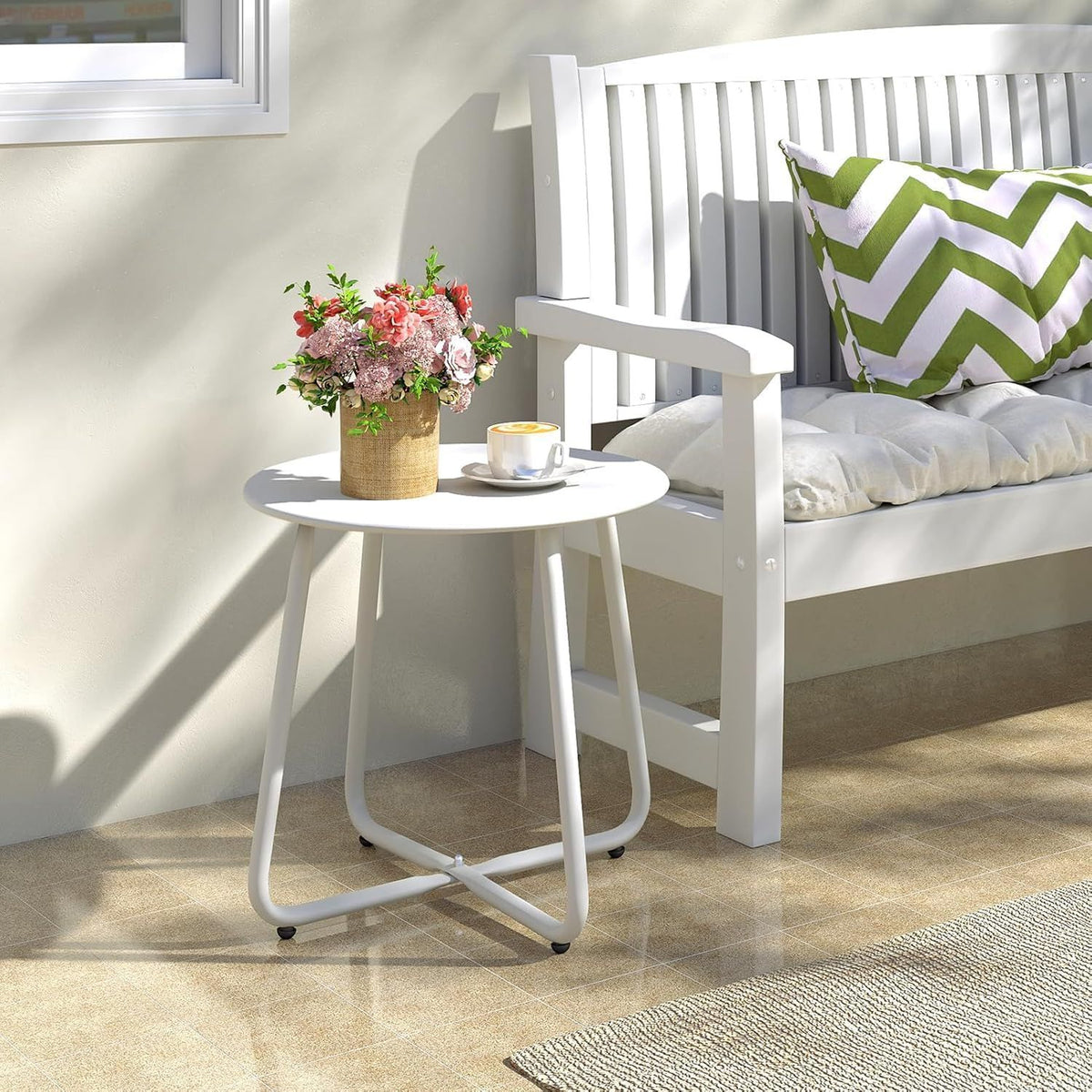 Metal Outdoor Side Table – Round Patio Table, Rust-Resistant Small End Coffee Table for Balcony, Garden, Porch, Living Room & Bedroom – Portable Accent Table for Indoor Outdoor Use, White