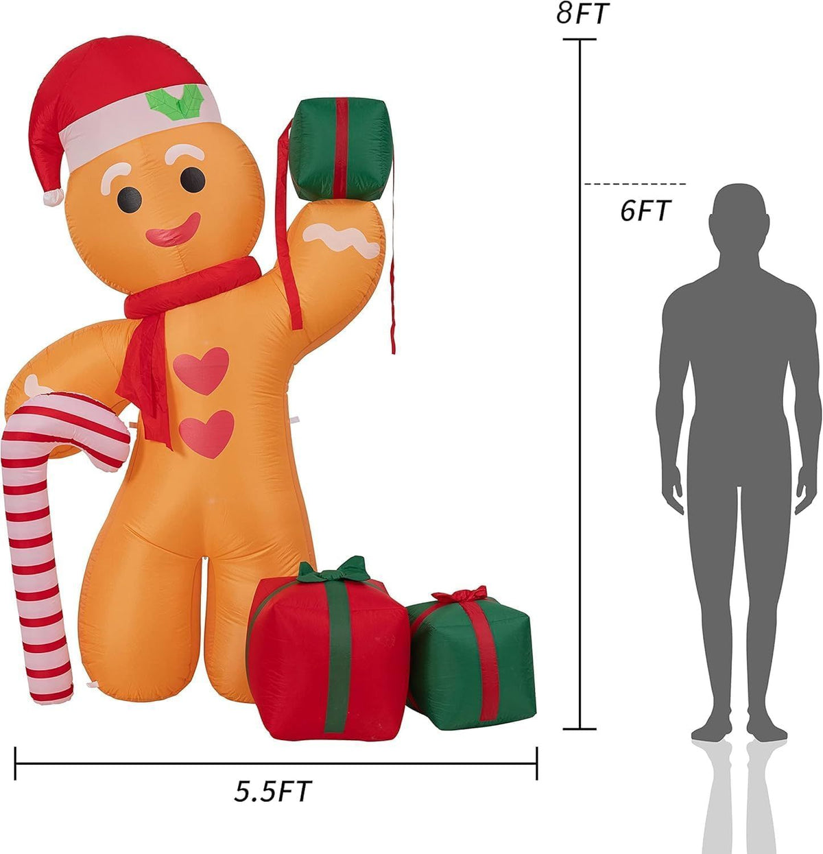8FT/2.4m Lighted Inflatable Gingerbread Man Christmas Decoration with Candy Cane & Gift Boxes, Outdoor Indoor Holiday Yard Lawn Display with Built-in LED Lights