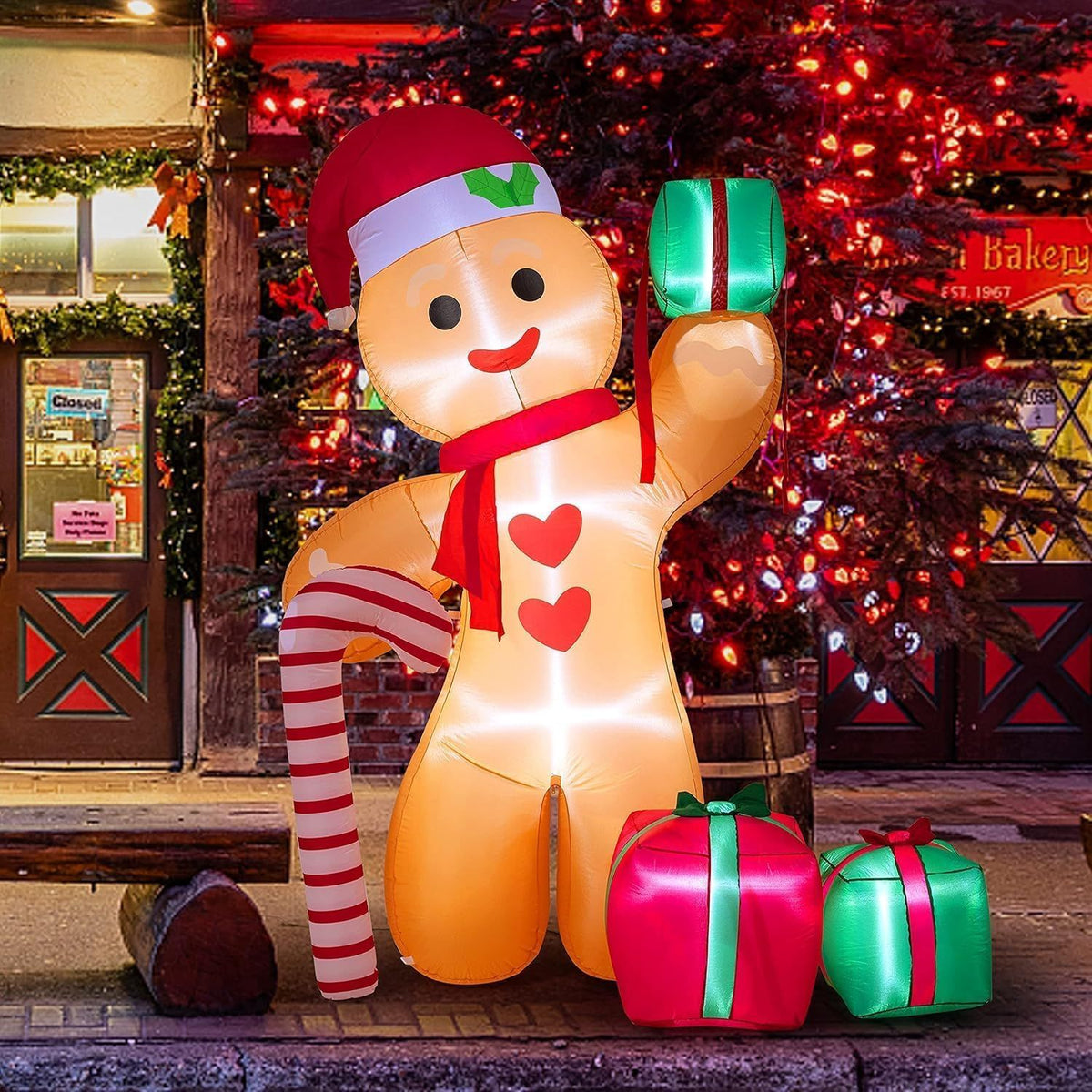 8FT/2.4m Lighted Inflatable Gingerbread Man Christmas Decoration with Candy Cane & Gift Boxes, Outdoor Indoor Holiday Yard Lawn Display with Built-in LED Lights