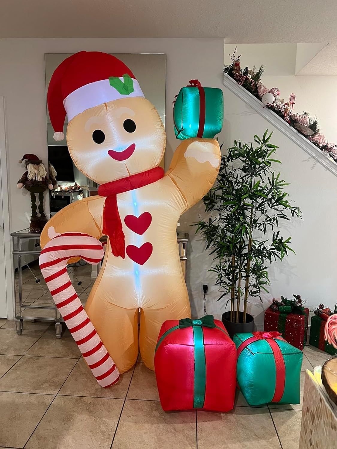 8FT/2.4m Lighted Inflatable Gingerbread Man Christmas Decoration with Candy Cane & Gift Boxes, Outdoor Indoor Holiday Yard Lawn Display with Built-in LED Lights
