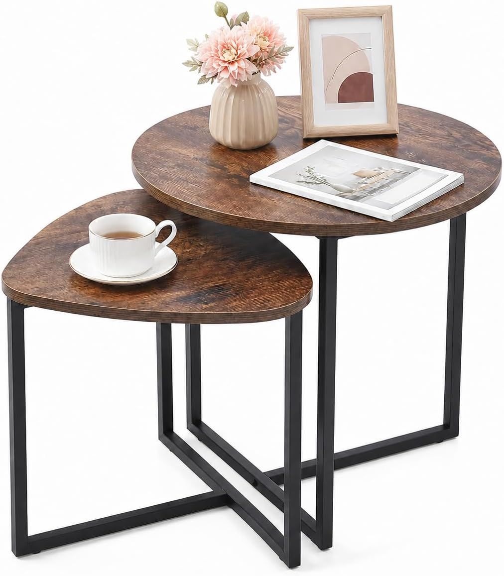 Nesting Side Tables Set of 2, Round End Tables with Rustic Brown Wood Look Top and Black Metal Frame, Space Saving Accent Coffee Tables for Living Room, Bedroom, Sofa Side, Bedside, Small Spaces